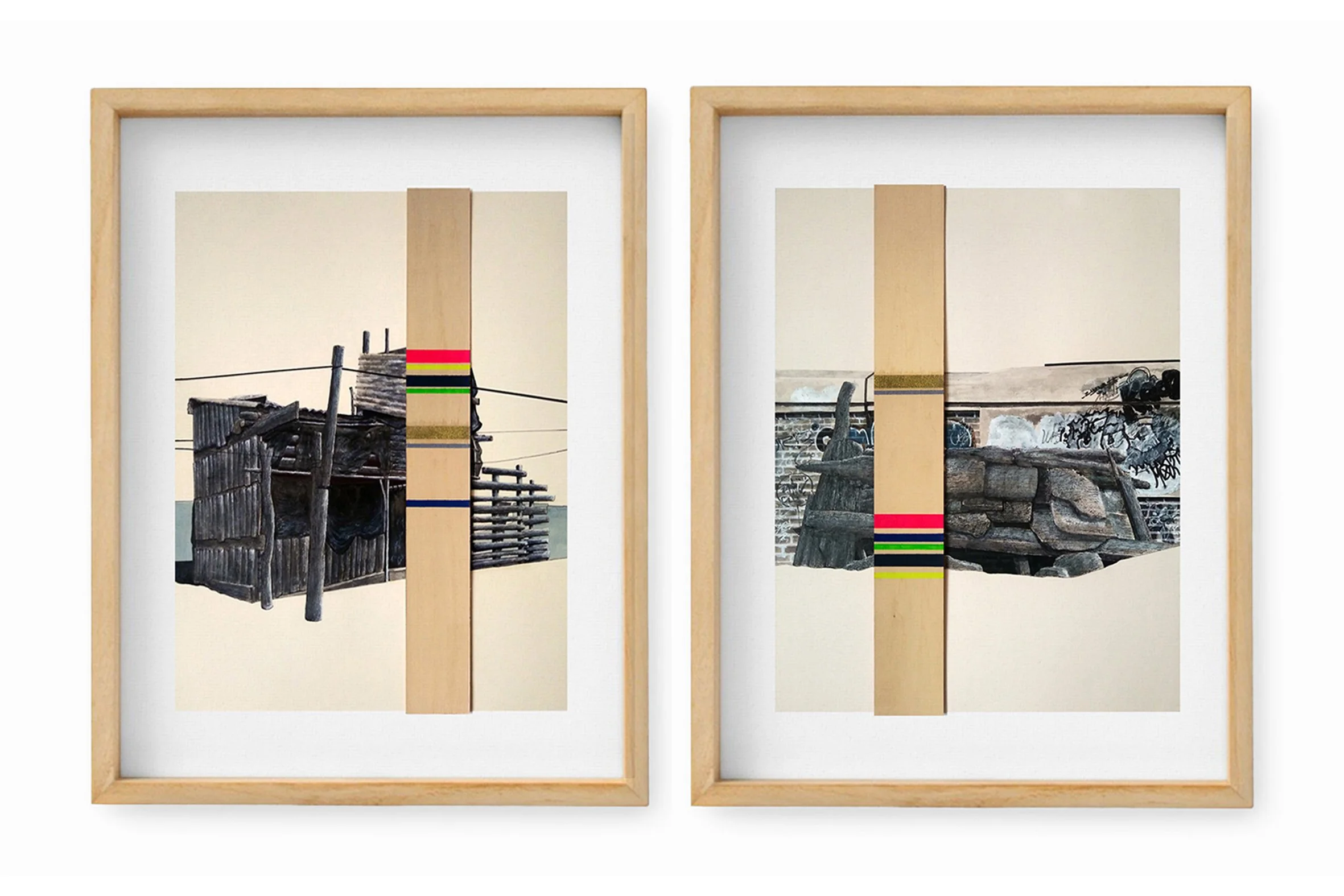 Postlebensraum A1 - A2 / Post-hábitat A1 - A2., 2019  Acrílico, esmalte, tinta y carbón de objeto recuperado  in situ sobre papel rosaspina y madera balsa. Díptico - 40 x 35 cm. aprox. c/u  Díptico - 55 x 45 x 1.5 cm.c/u. 900 USD 18500 Pesos en marco