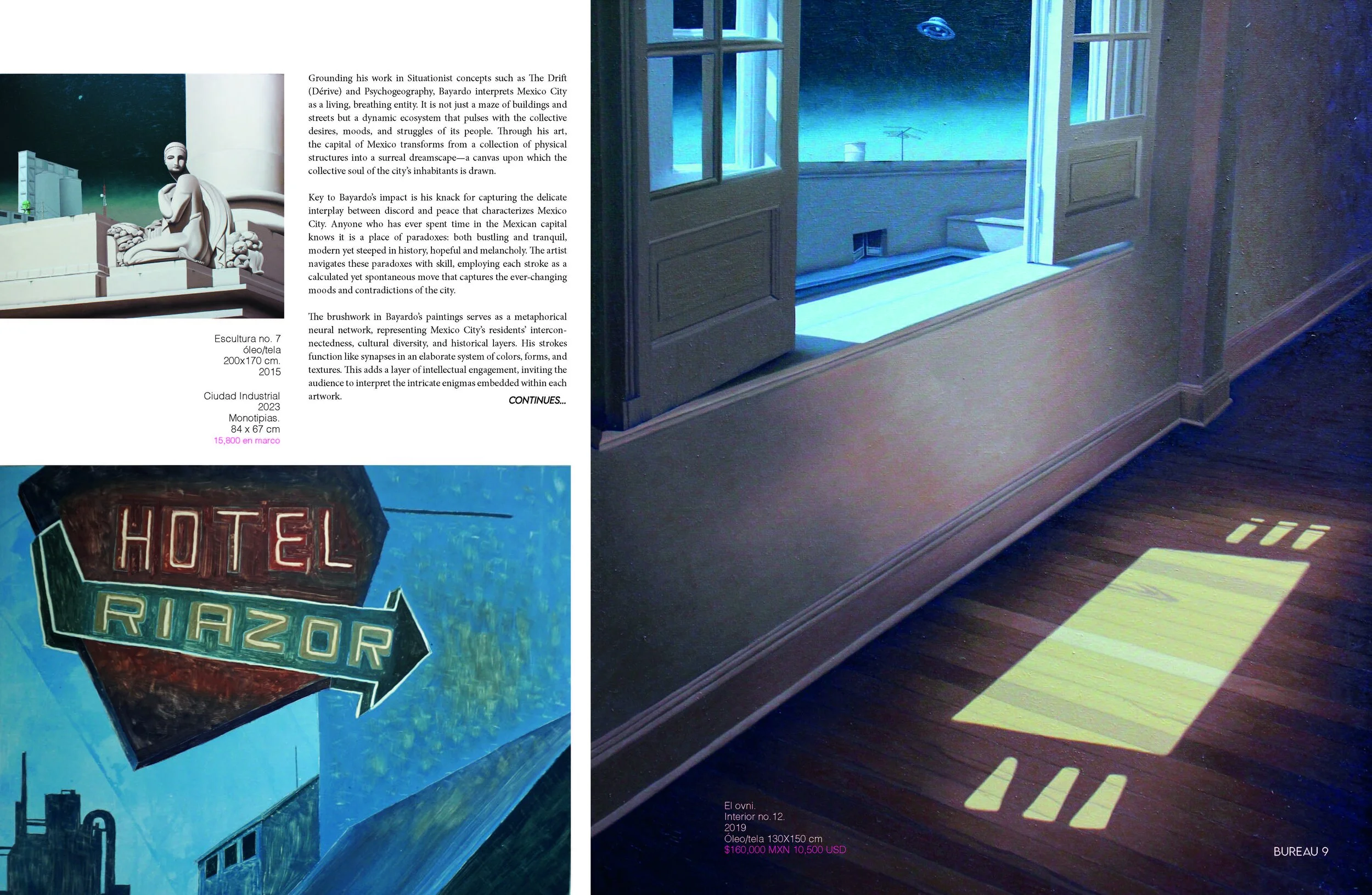 A collage of artwork and interior design images including a sculpture, an art painting with the words 'HOTEL RAZOR' on a neon sign, and a room with a window and sunlight casting a phone-shaped shadow on the floor.