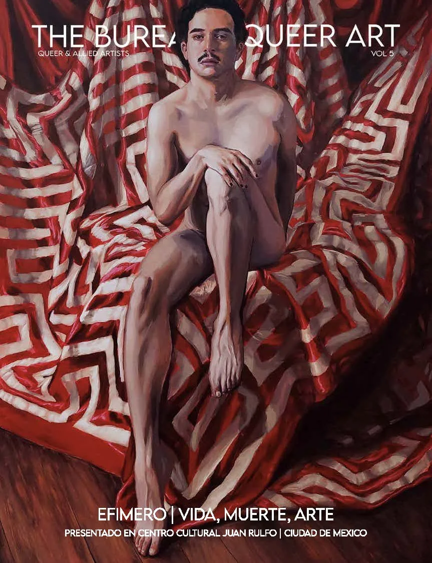 The cover of a magazine titled 'The Bureau Queer Art, Queer & Allied Artists, Vol 5', featuring a painting of a nude man sitting on a red and white striped fabric. The man has a mustache, dark hair, and a serious expression.