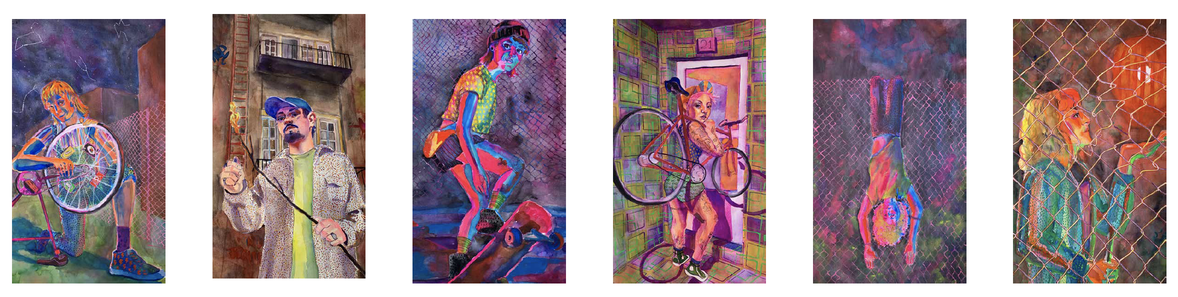 A collage of six colorful, abstract digital paintings of children and a man, each in different urban or outdoor settings with vibrant, stylized backgrounds.