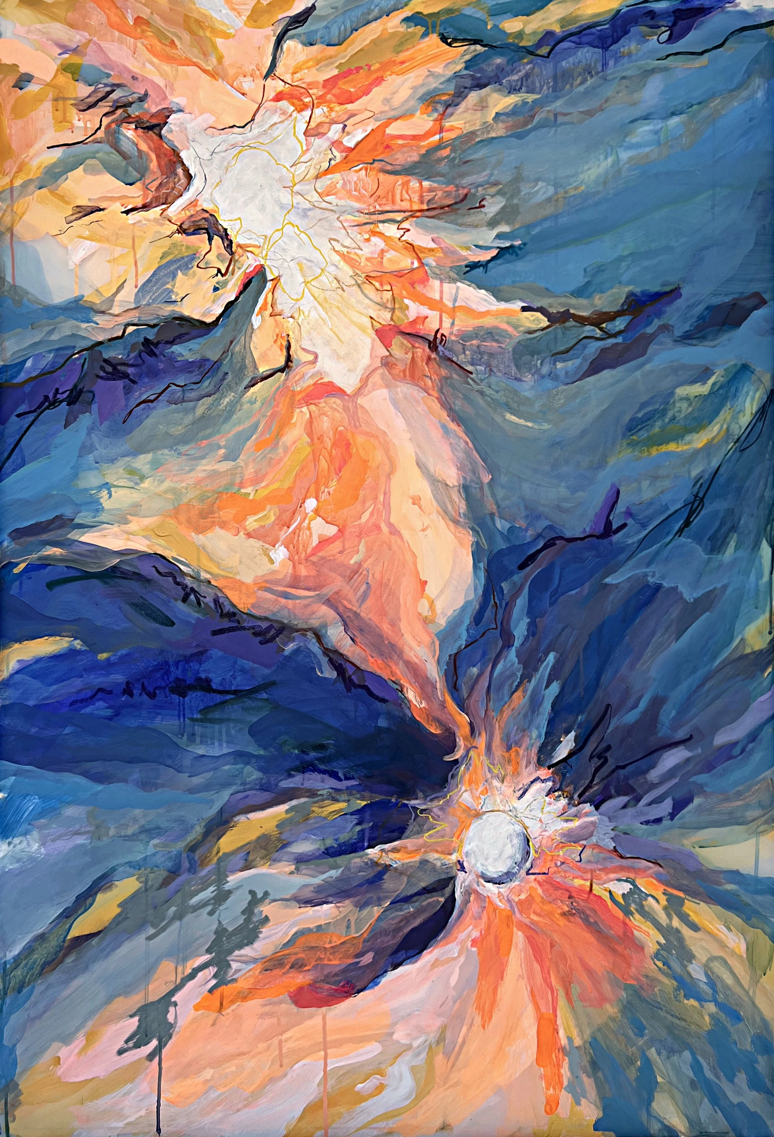 Abstract painting of a volcanic eruption with flowing lava, bright orange, red, and yellow colors, contrasted with dark blue and purple volcanic rocks and ash, depicting explosive geological activity.