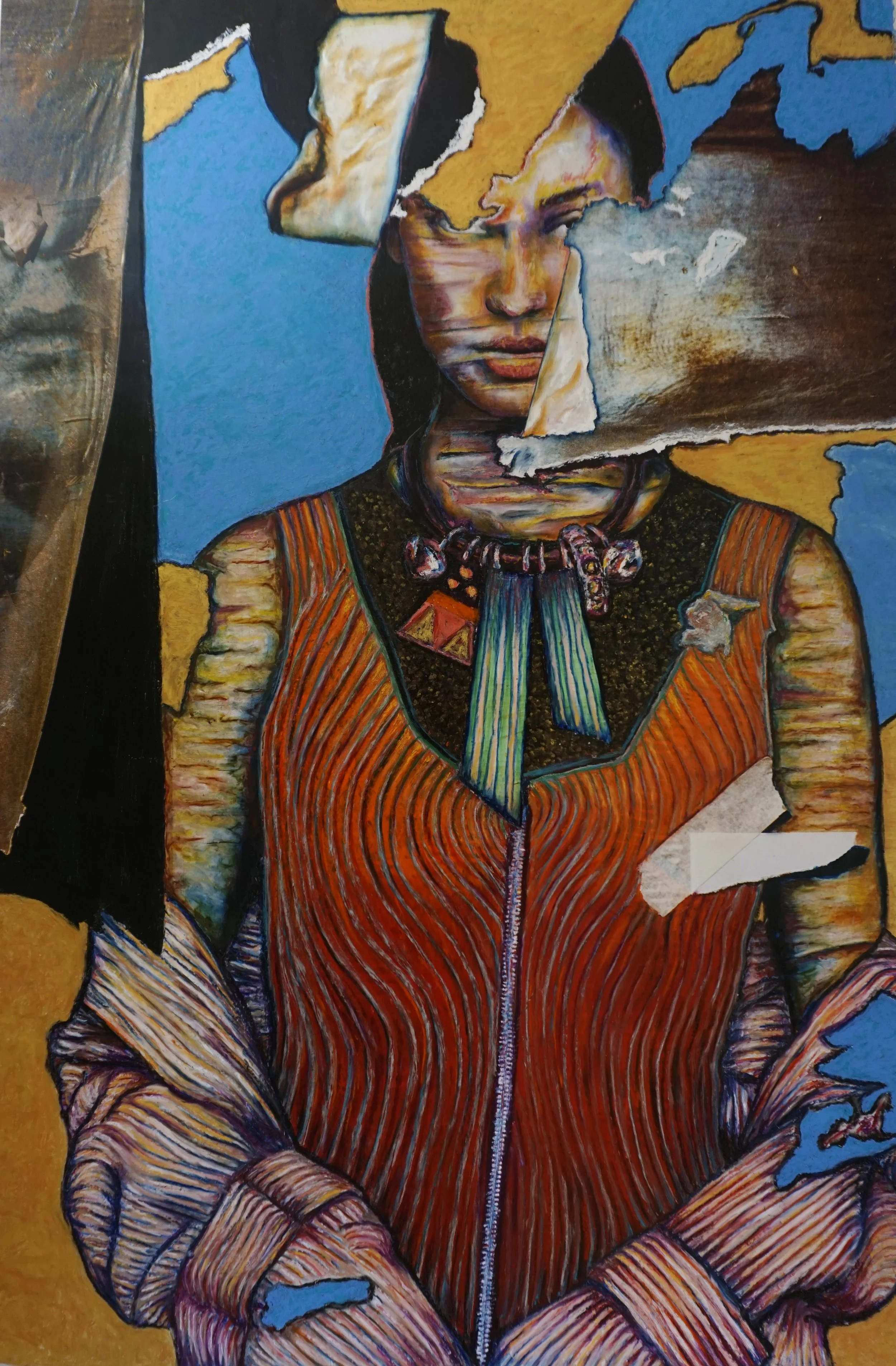 A mixed media artwork of a woman with a torn face and body, wearing a black top with colorful accessories. The background is predominantly yellow, blue, and brown with various torn paper textures.