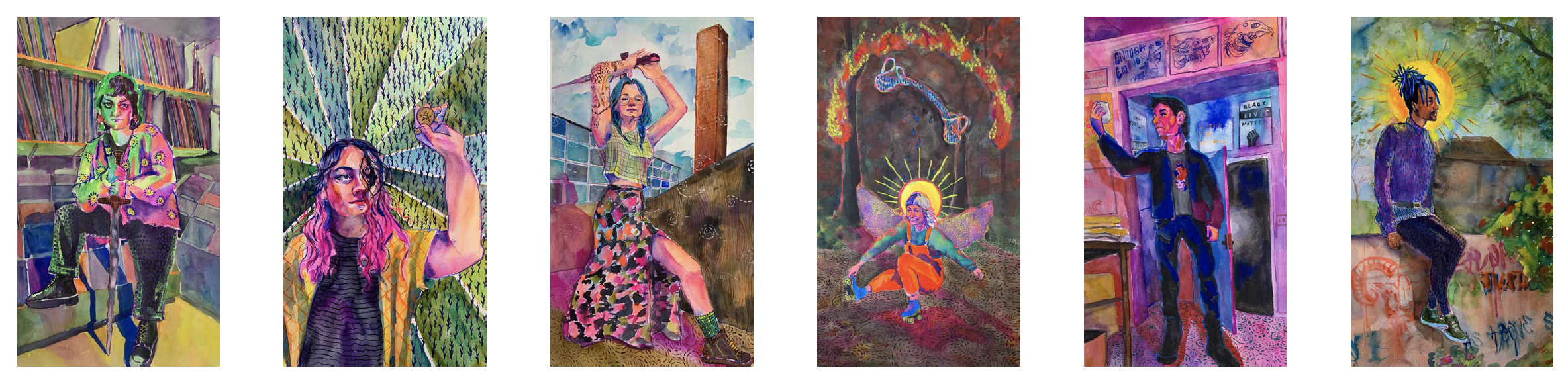 Digital paintings of six women, each in different vibrant settings and poses, with artistic and colorful backgrounds.