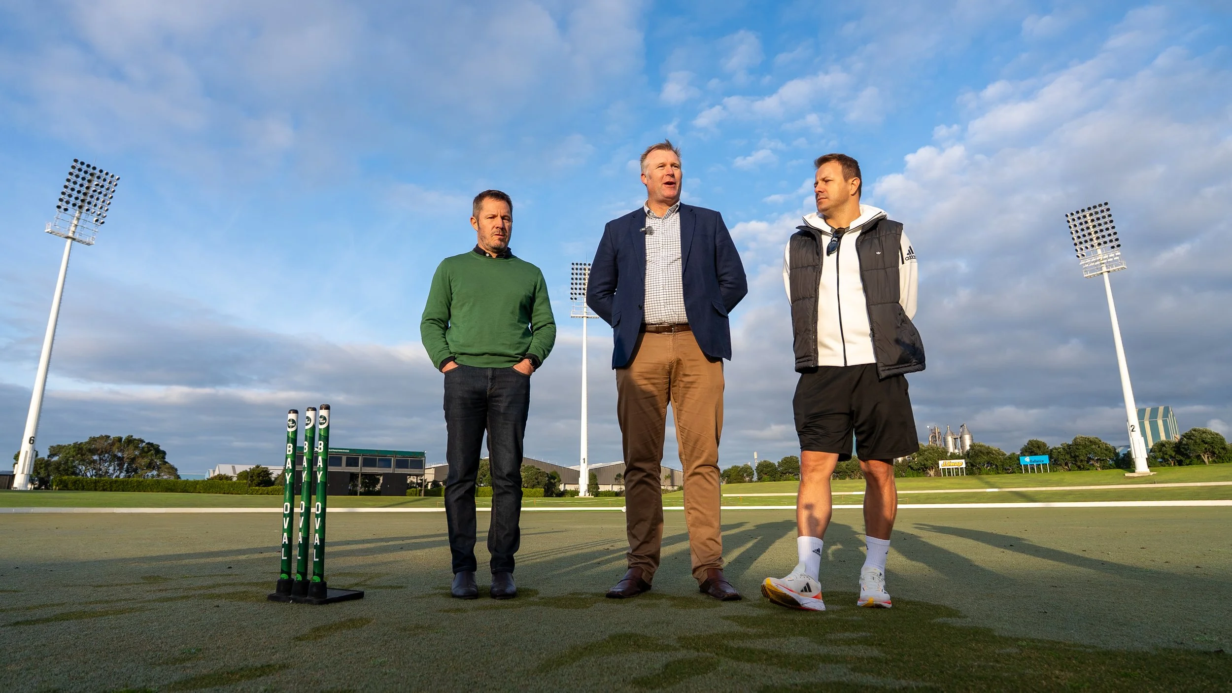 Bay Oval General Manager Kelvin Jones, Tauranga Mayor Mahé Drysdale, former BLACKCAP Neil Wagner at announcement of the 2025-26 international cricket season at Bay Oval.jpg