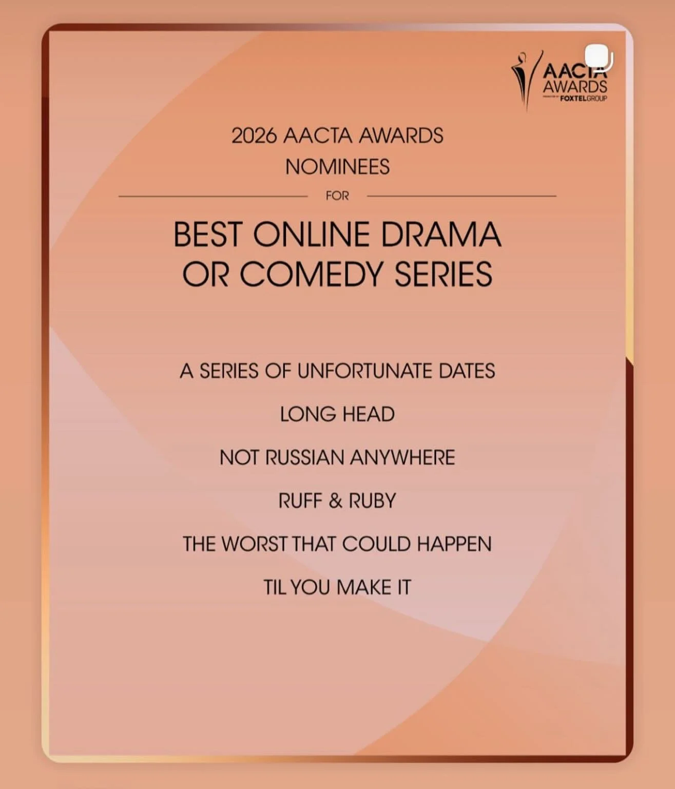 Super excited that A Series of Unfortunate Dates has been nominated for the AACTA Best Online Series! Congrats all the cast and crew @whitebonnetfilms ❤️