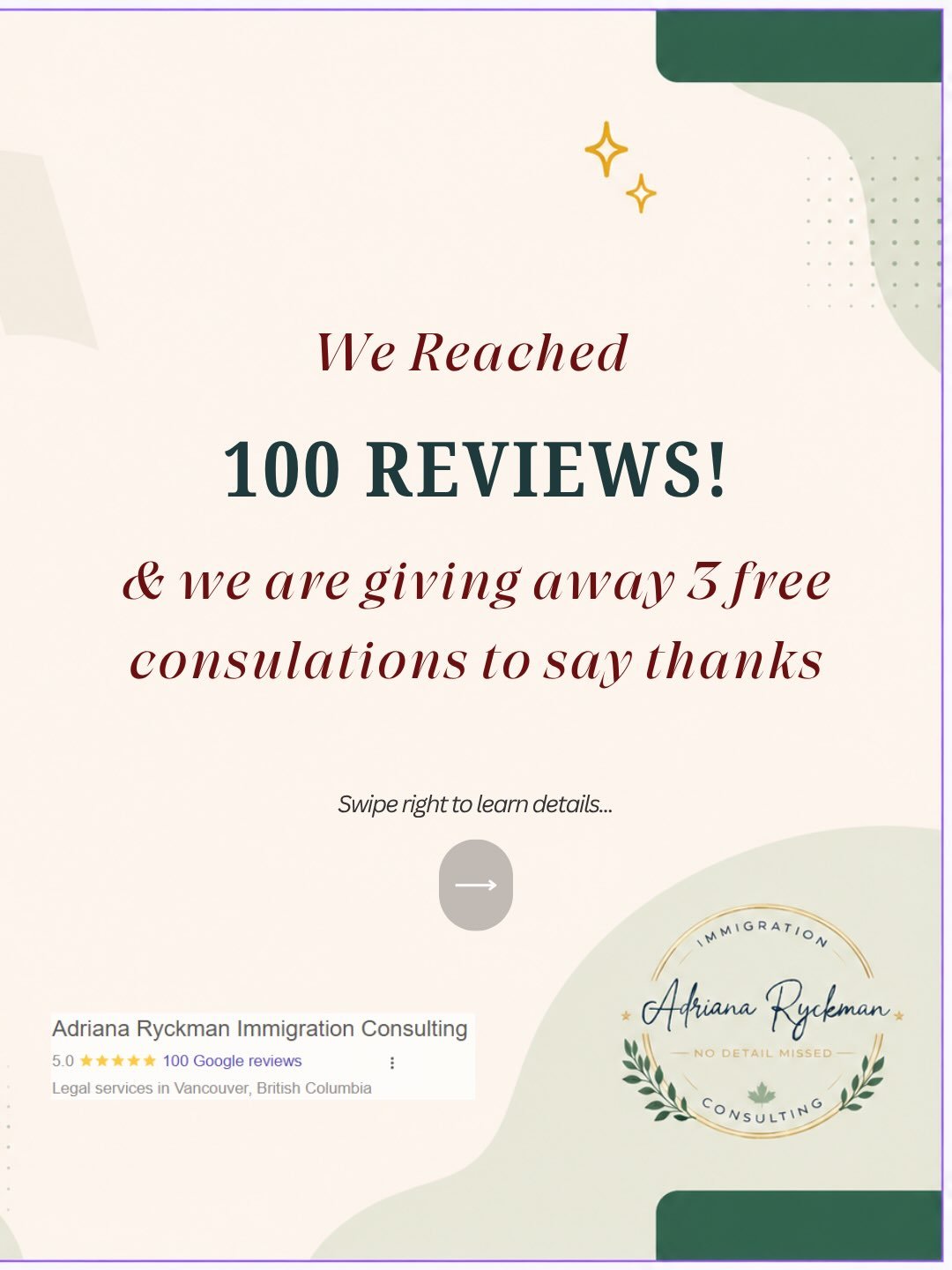 🎉 WE HIT 100 GOOGLE REVIEWS! 🎉

We are incredibly grateful to every client who has trusted Adriana Ryckman Immigration Consulting to be part of their Canadian immigration journey. 🍁❤️

Reaching 100 reviews is a huge milestone for our little team, 