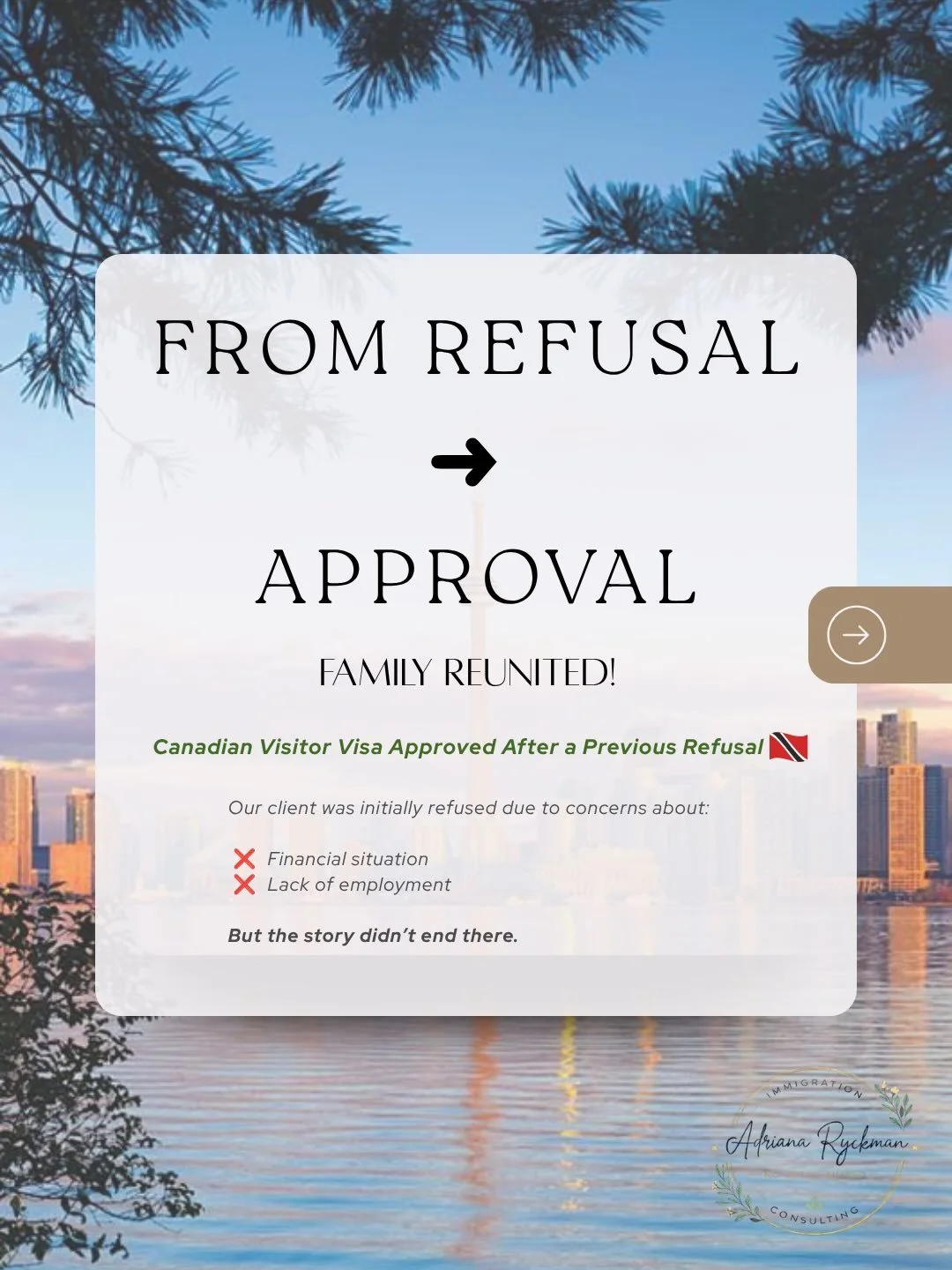 🇨🇦 FROM REFUSAL ➜ APPROVAL! ✨

A previous refusal doesn&rsquo;t always mean the end of the road.

Our client from Trinidad &amp; Tobago had previously been refused a Canadian Visitor Visa, with concerns surrounding her financial situation and lack 