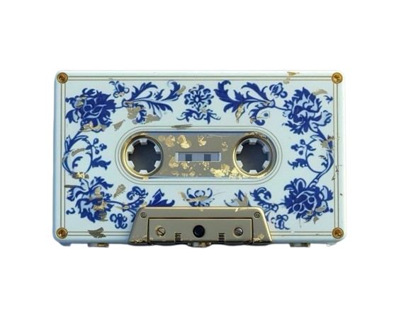 A vintage cassette tape with a white background and blue floral pattern design, gold accents, and a black tape window.