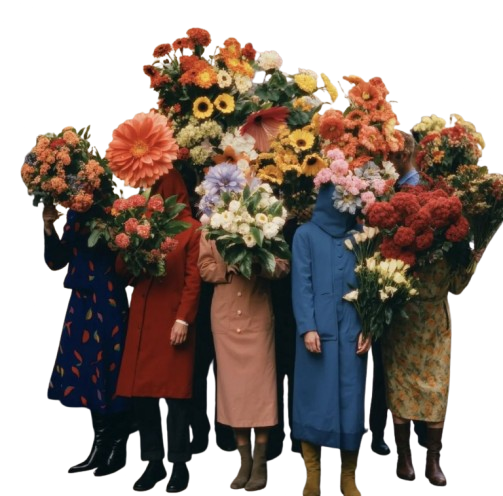 People holding large bouquets of colorful flowers, obscuring their faces.