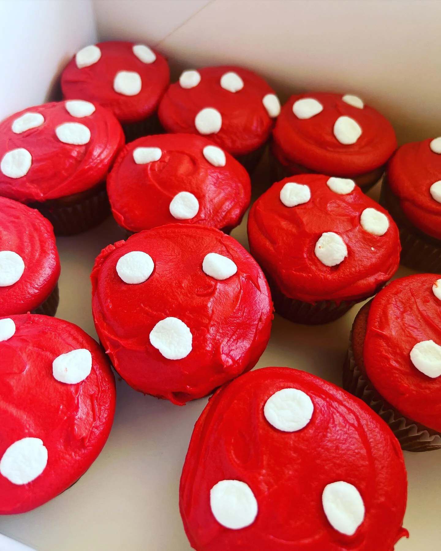 Peep these #mushroom shaped cupcakes! They are strawberry cake with cream cheese buttercream! Cute and delicious. 
#babyshower #mushrooms #mariokart #bakersofinstagram #cupcakesofinstagram #cupcakes #strawberrycake #buttercream #creamcheese #foodieso