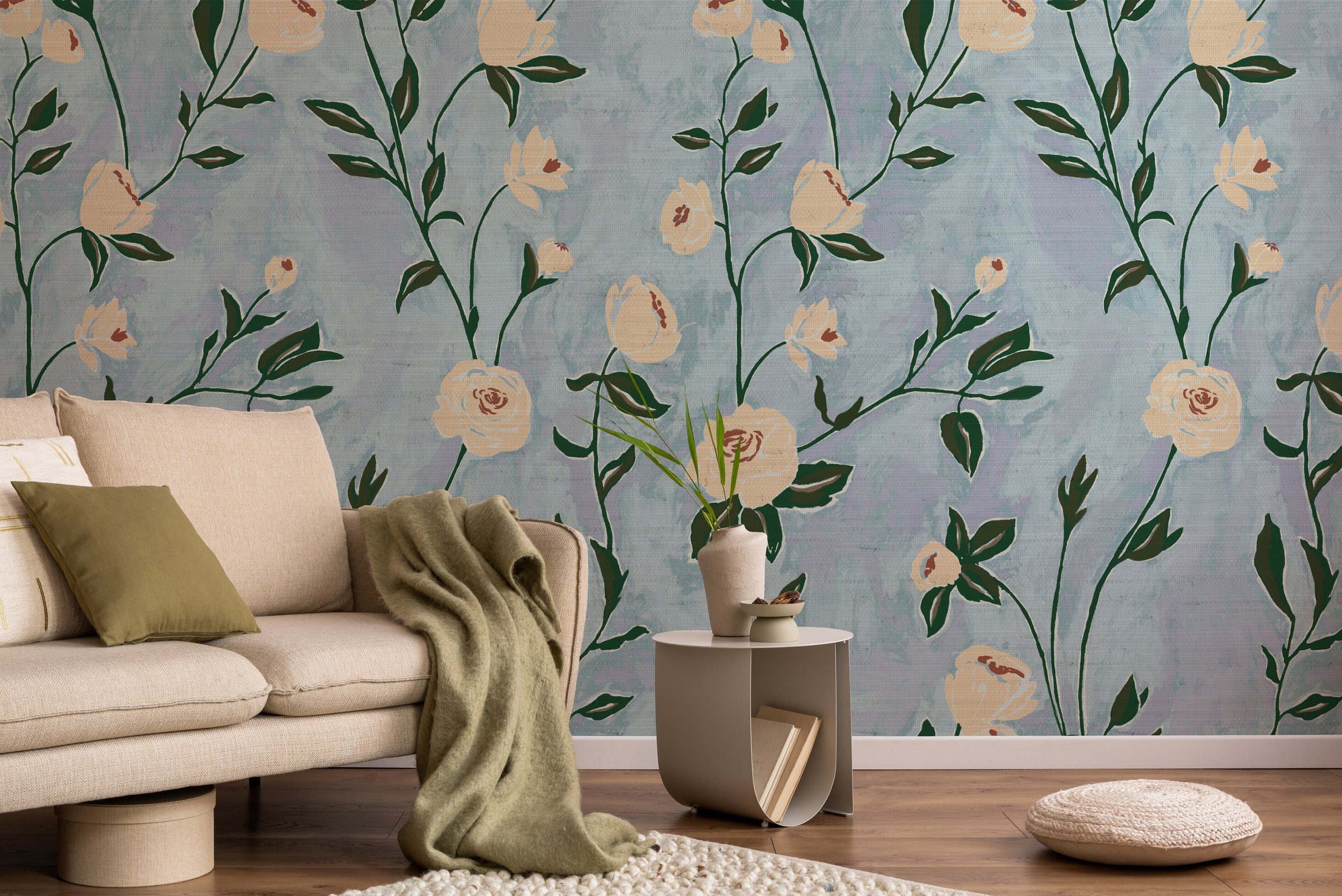 Peel  Stick Wallpaper 3ft x 2ft  1950 Mid Century Modern Retro Vintage  Classy Floral Cream Blue Red Block Geometric Custom Removable  Wallpaper by Spoonflower  Walmartcom