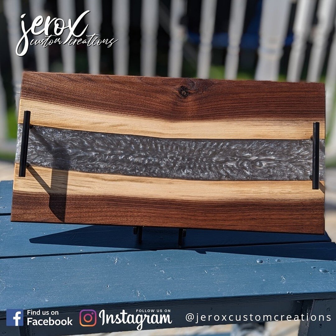 Beautiful walnut and gray/silver epoxy Charcuterie serving board. Measuring in at 12&quot;x24&quot; this beauty is ready for your next gathering! 
.
.
 #jerox #maker #makersgonnamake #ontario #orangeville #dufferincounty #woodsigns #smallbusiness #sh