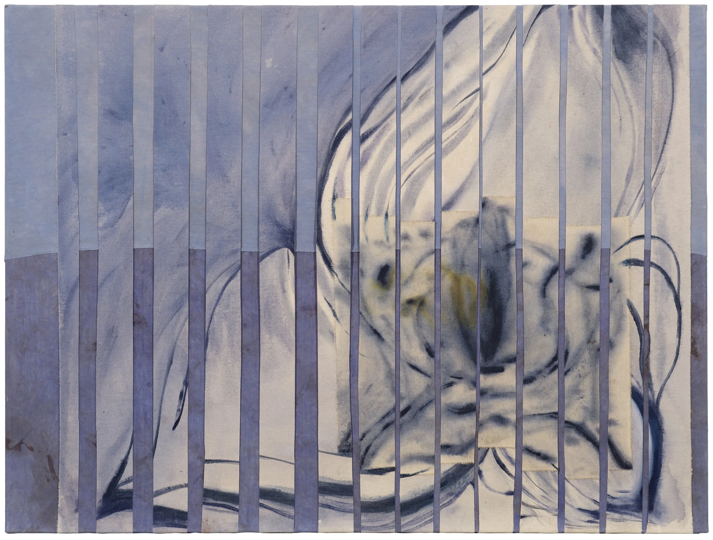 ‘Vocal chords’, 2026, acrylic on canvas collage mounted on hand dyed cotton, 90 x 120 cm