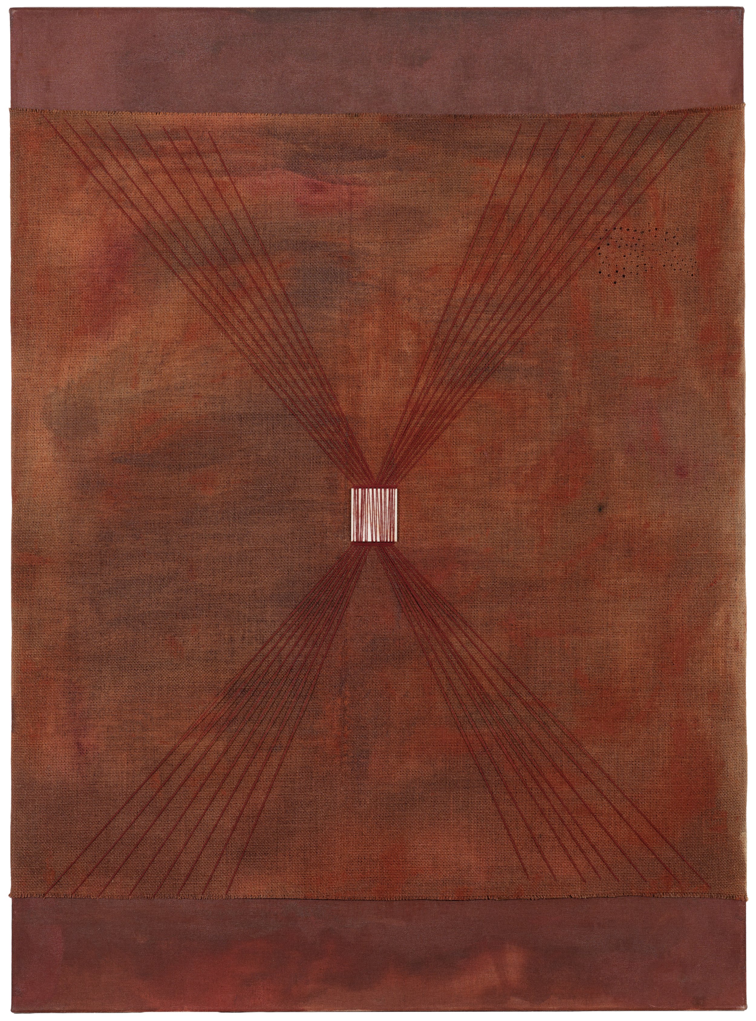Untitled, 2026, hessian, thread, acrylic and stone on linen, 111 x 137 cm
