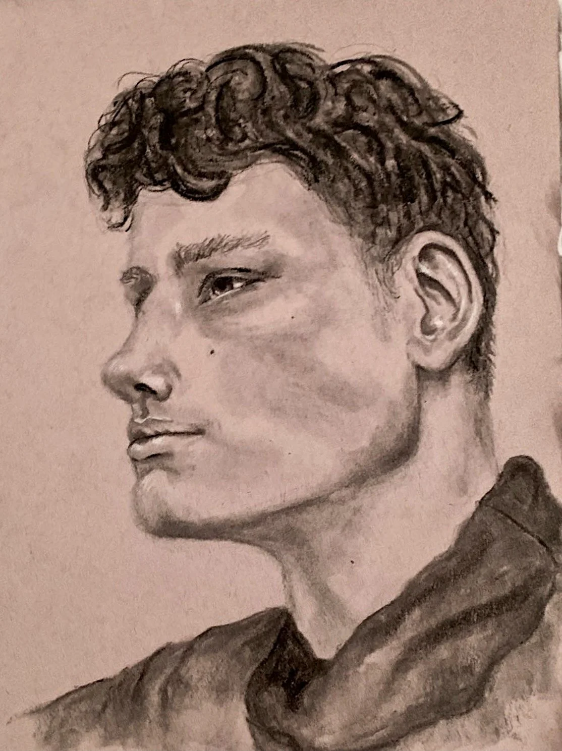 "Pensive" Conte and Charcoal on Toned Paper. February 2021.