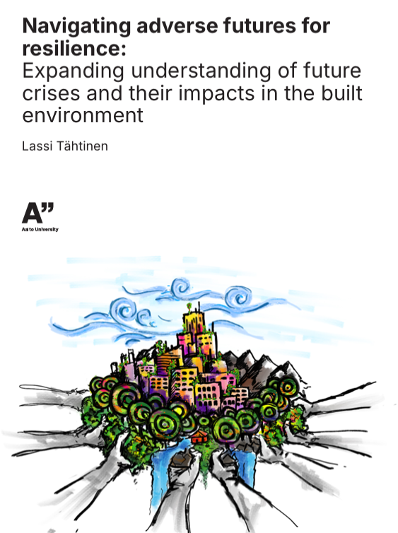 Dissertation title and below a drawn city with a lot of greenery around and within it as well as multiple hands carrying the city.