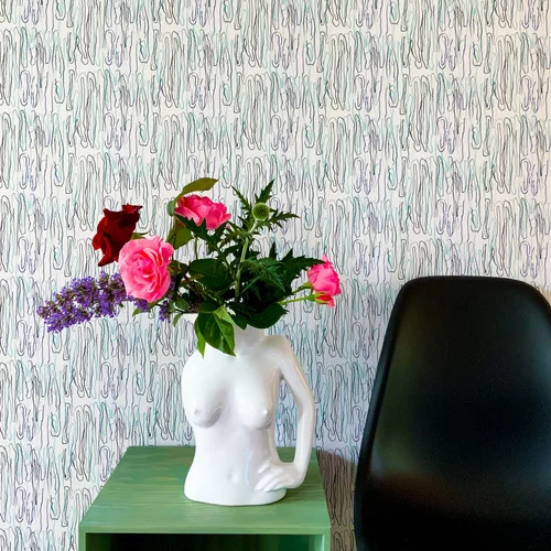 Squiggles wallpaper in blue installed in hallway