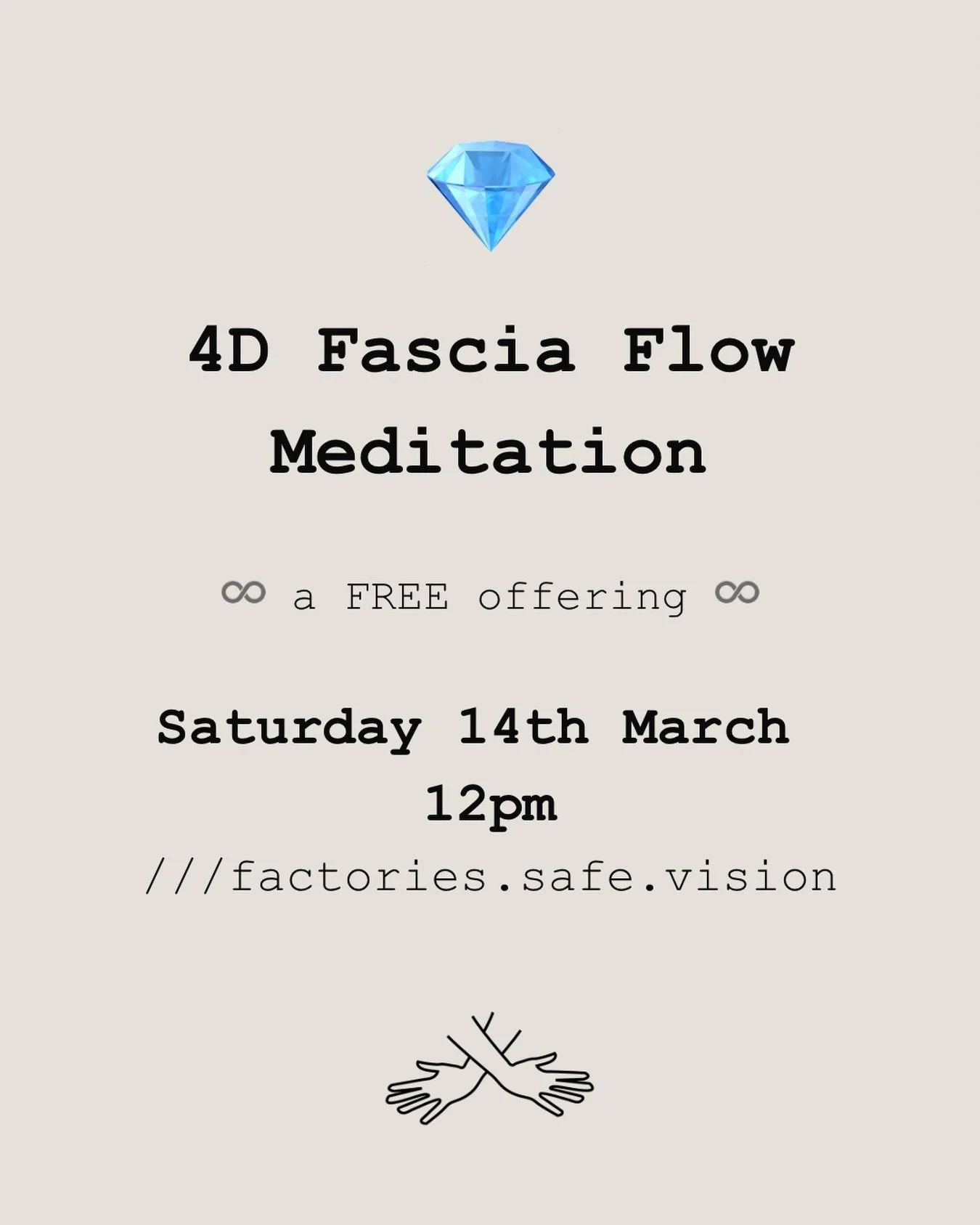 💎4D Fascia Flow Meditation 💎
✨a FREE offering ✨ 
Saturday 14th March @ 12pm
Conham River Park
///factories.safe.vision

*Please walk or bicycle where possible, the car park is small and busy so please park elsewhere if you have to drive* 

🧚 This 