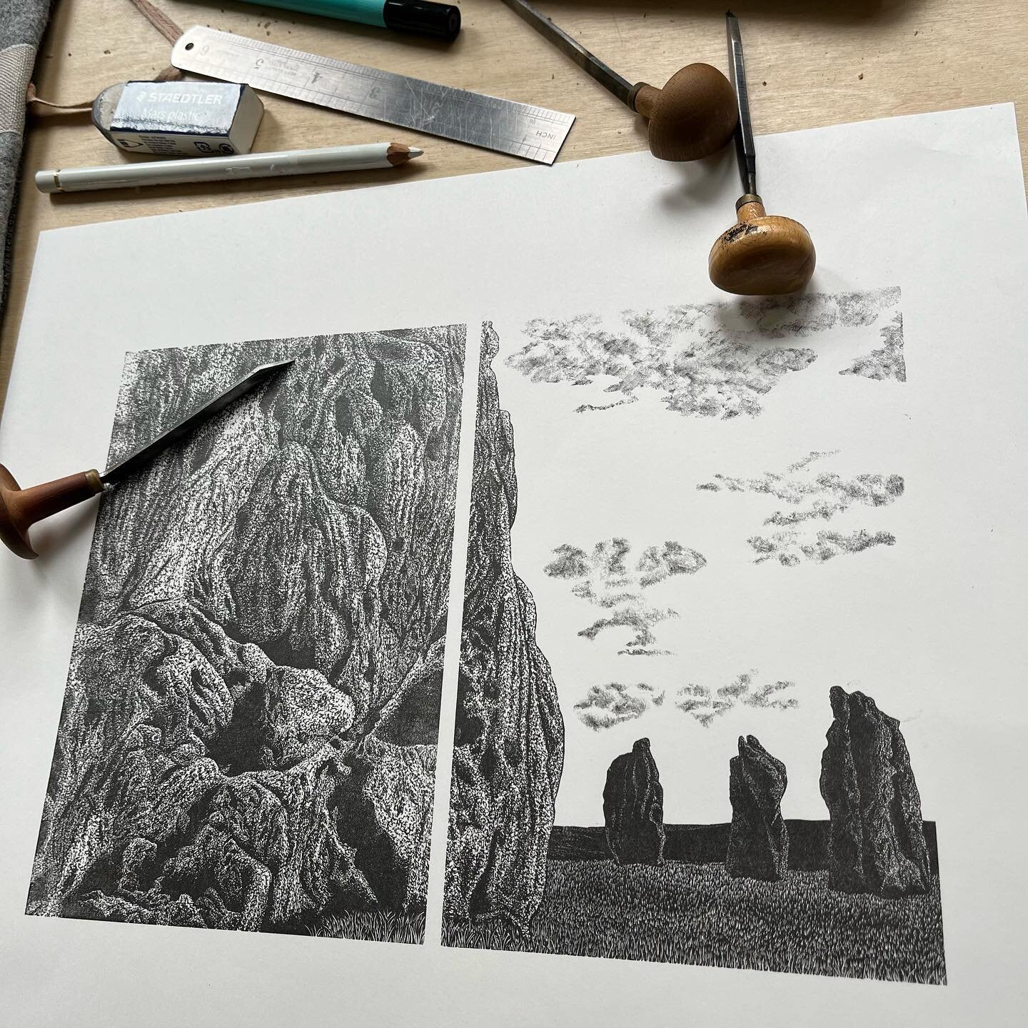 &lsquo;South Circle, Avebury&rsquo; 
It took a while doing all the make ready to get the blocks perfectly flush. Well worth it though as they&rsquo;re printing really nicely. I&rsquo;m aiming for an edition of 50. I&rsquo;ll be showing it for the fir