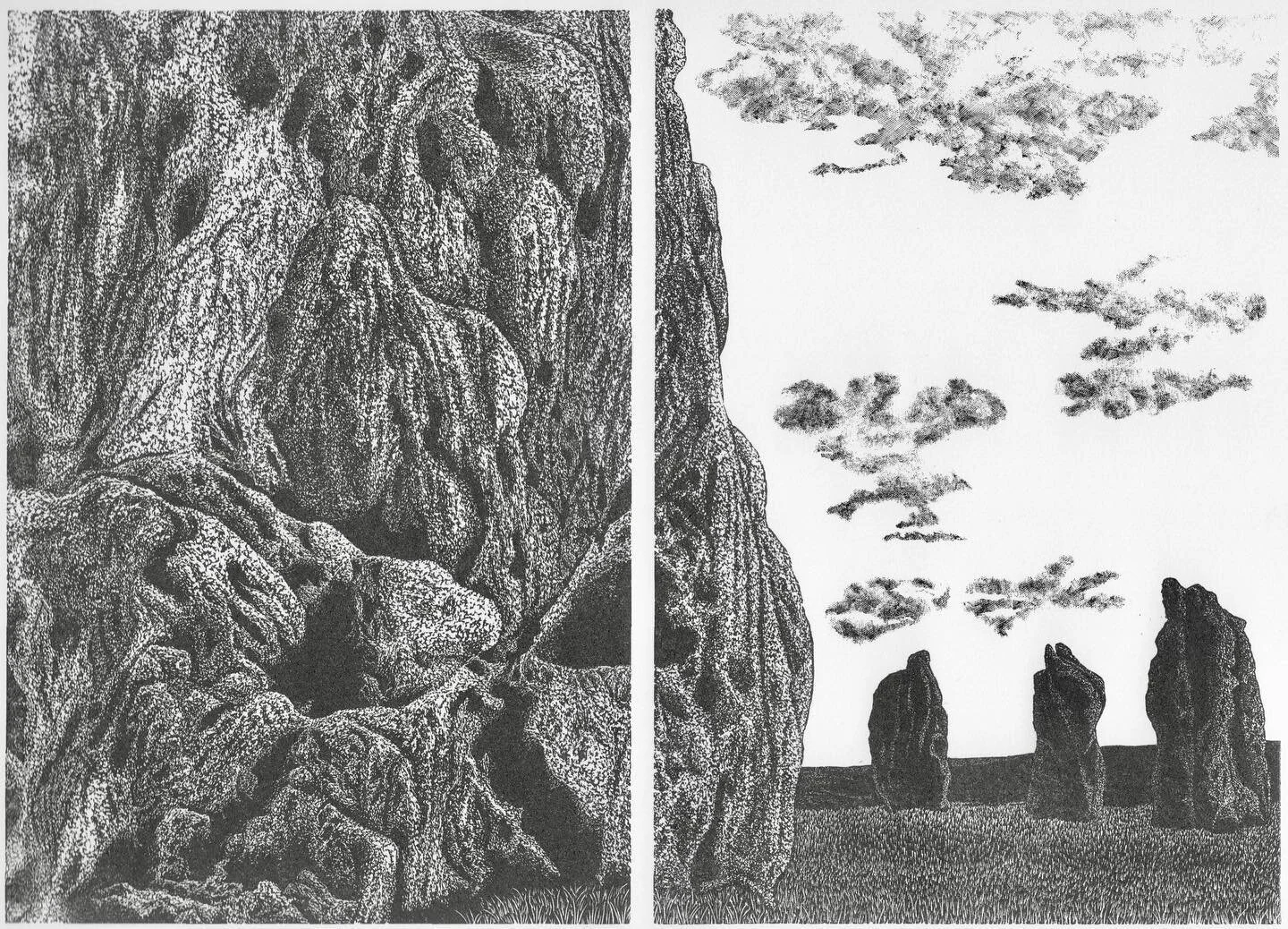 It&rsquo;s finished, editioned and in my☝🏻online shop. 'South Circle, Avebury' edition of 50. 

Really pleased with how it&rsquo;s turned out. The texture was massively influenced by Henry Moore&rsquo;s lithographs but the idea of the diptych was to
