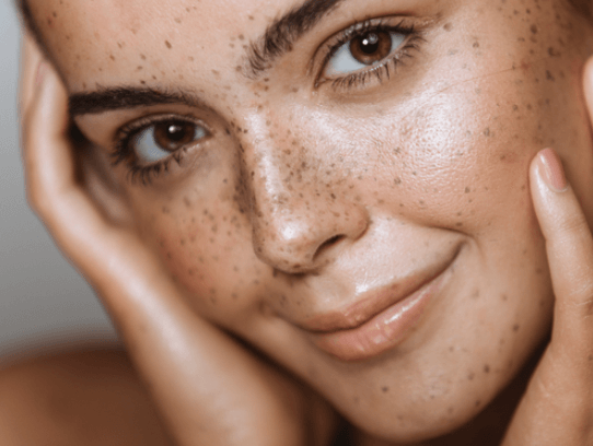 Close-up of a person with freckles, gently touching their face and smiling.