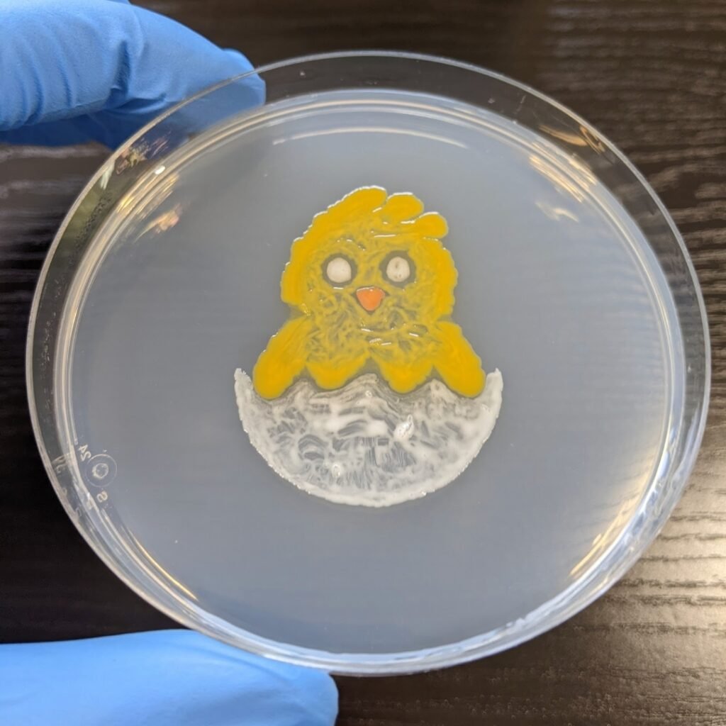  - E. coli (White) - Rhodotorula glutinis (Pink) - Staphylococcus aureus (Yellow-Gold) - Unknown  Credit: Kevin Hunter 