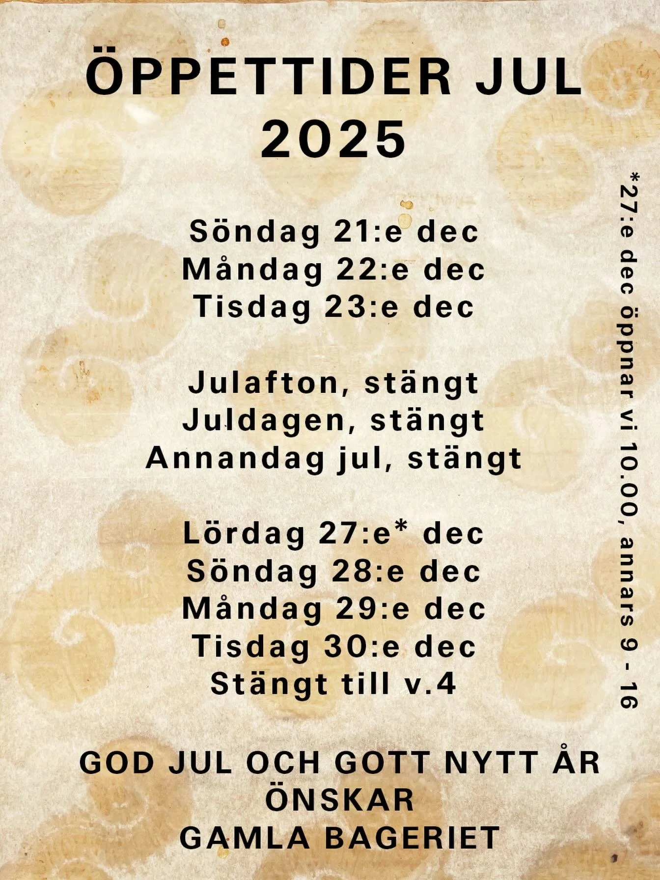 &Ouml;ppettider jul och mellandagarna! Gl&ouml;m inte skicka in br&ouml;dbest&auml;llningar f&ouml;r jul, sista dag 19:e dec. 

Hoppas vi ses ✌🏼