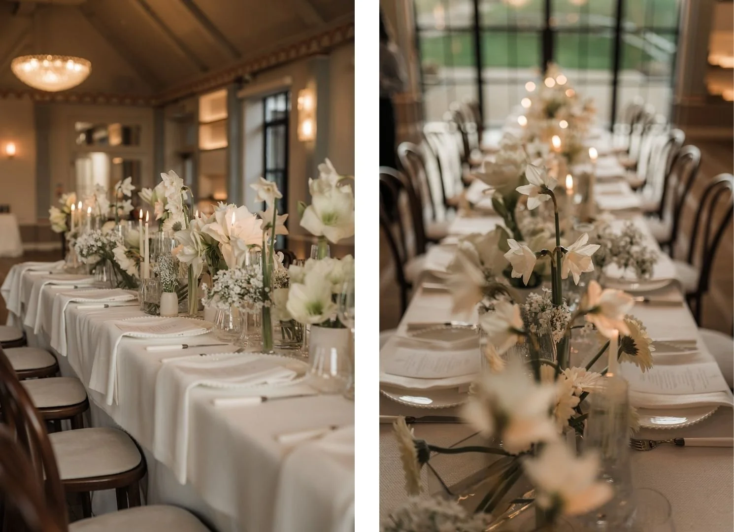 Detail of tablescape white green florlas for modern stylish winter wedding Limekiln East Sussex