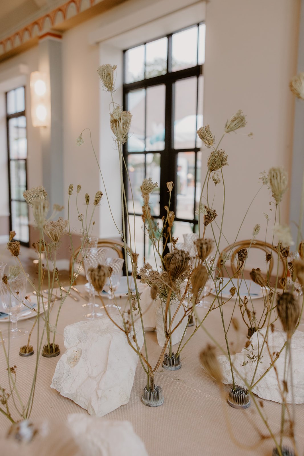 Dried flower heads and chalk for an event at Limekiln, Sussex.
