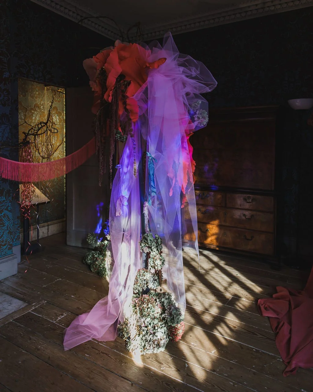 fabric flower ribbon installation strawberry hill house london flower festival sustainable inventive cutting edge floristry