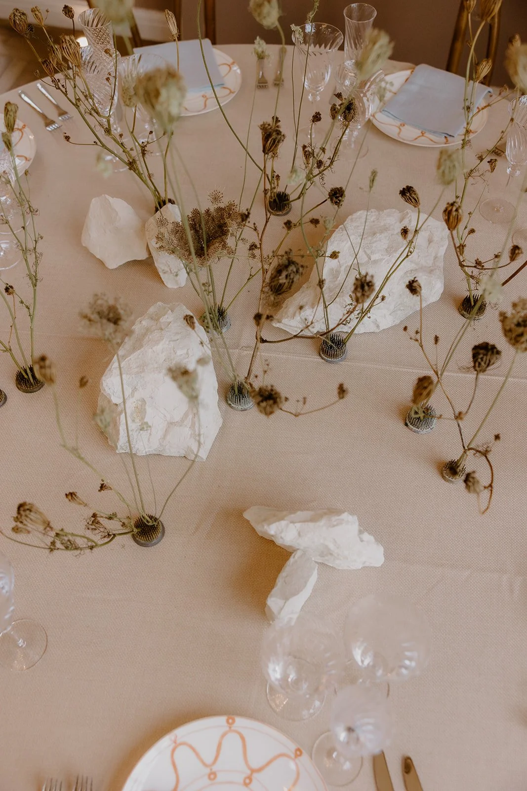 Dried flower heads and chalk for an event at Limekiln, Sussex.