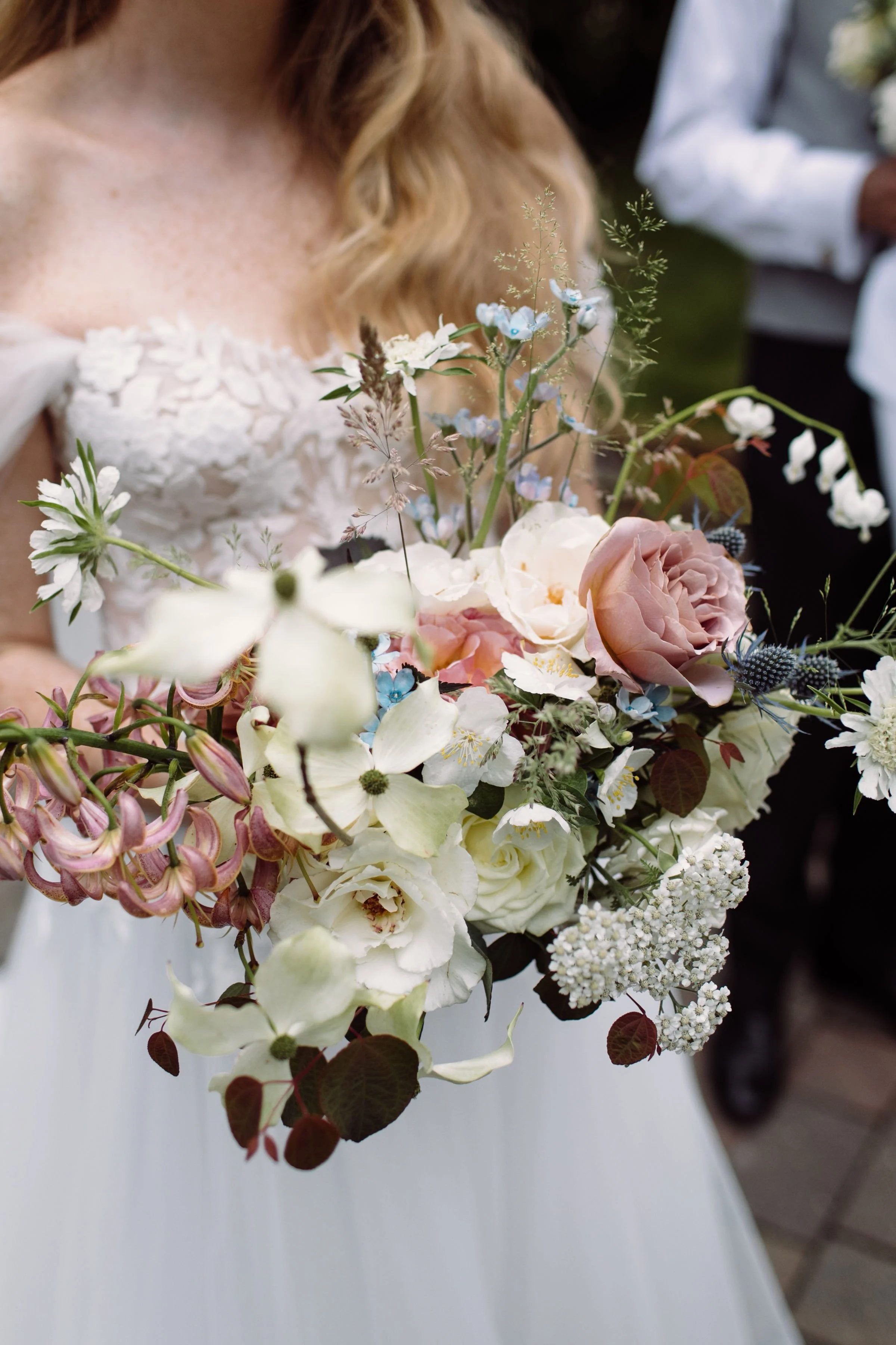 Garden bouquet for summer wedding in Kent at private residence.