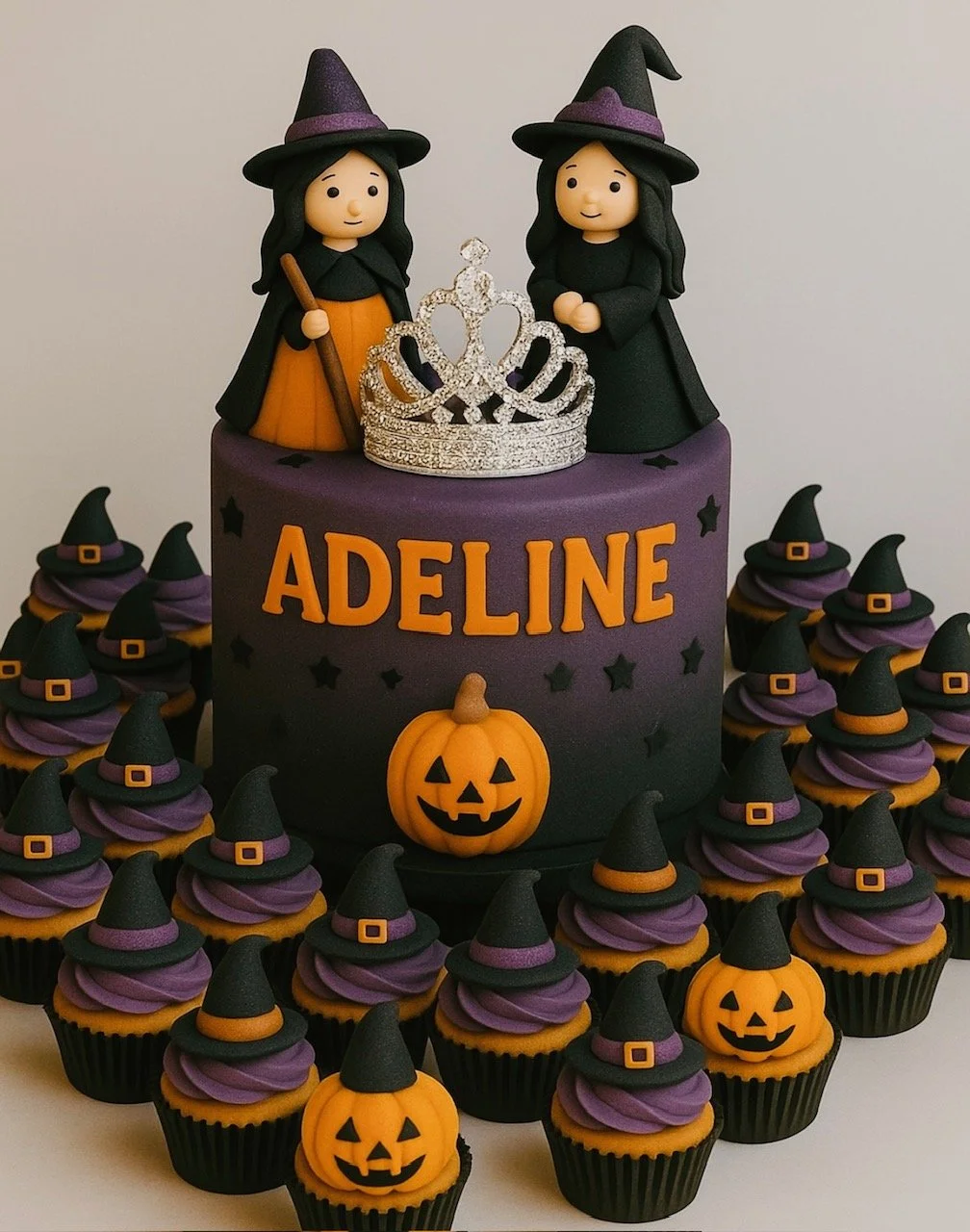 A close-up of a Halloween birthday cake decorated with two handmade fondant witch figurines, orange pumpkins, dark stars, and a silver tiara topper, on a deep blue buttercream cake.