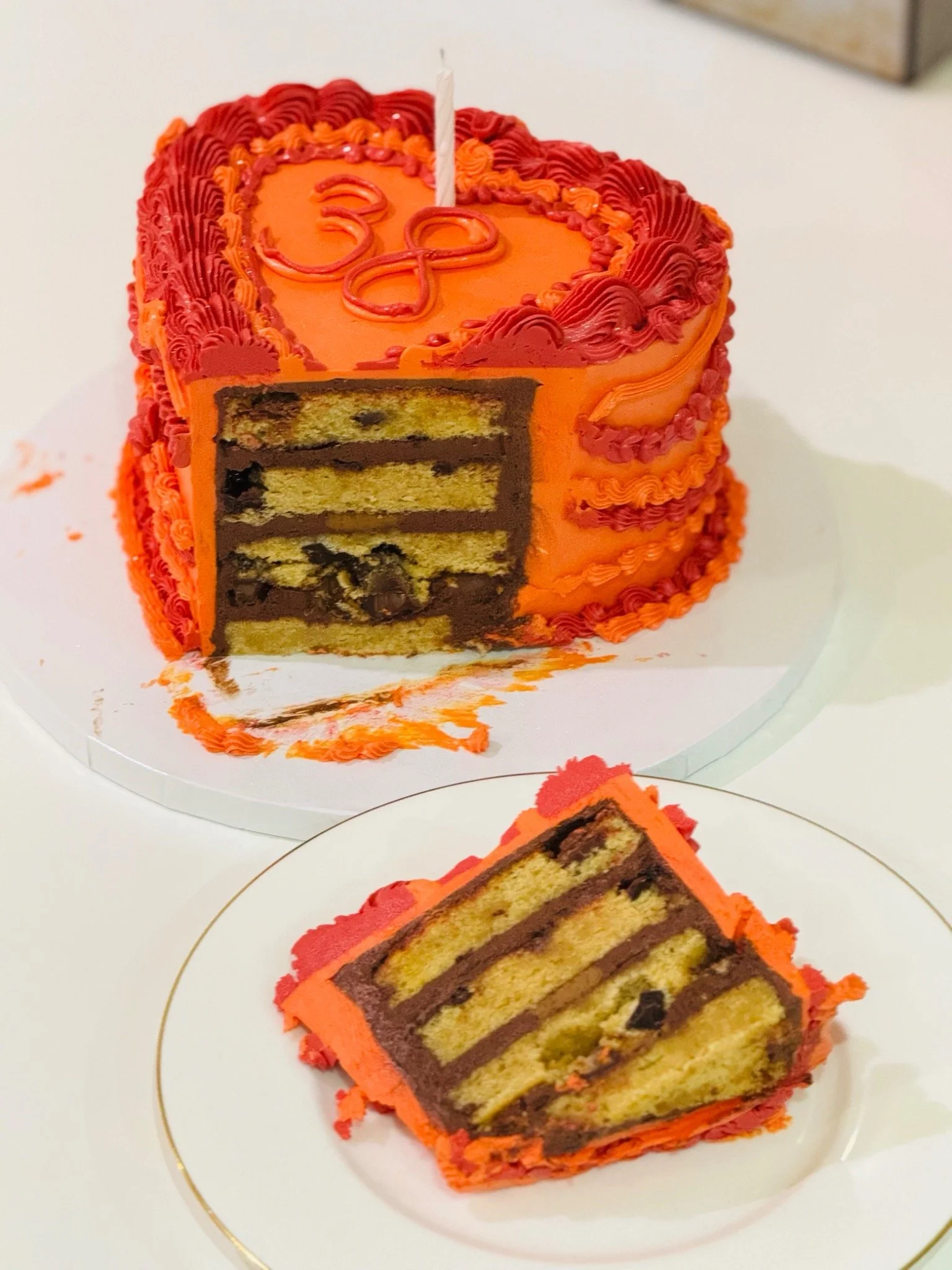 Inside a vintage heart cake showing vanilla sponge and chocolate filling layers