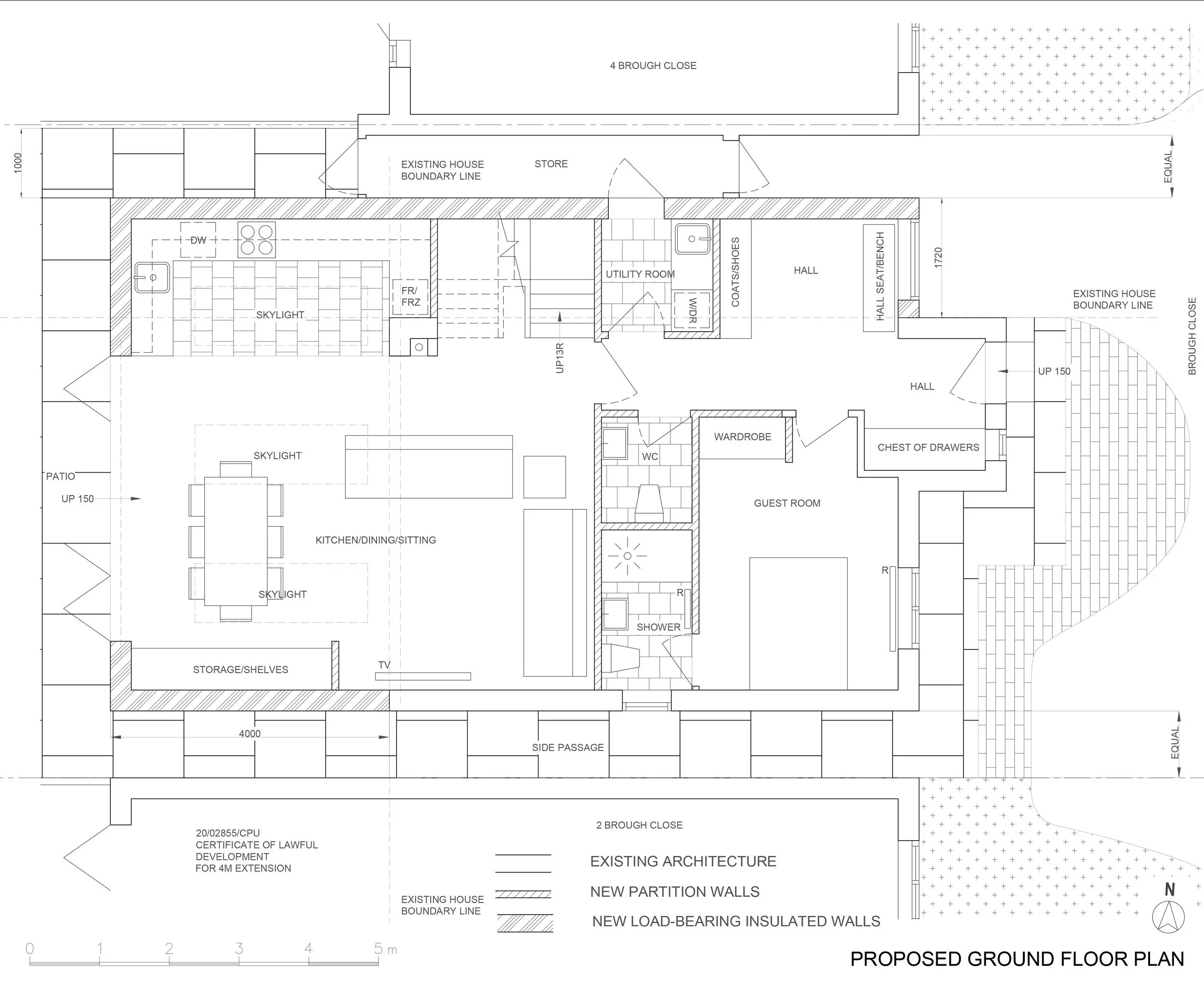 Proposed ground floor plan of a Kingston upon Thames house by Atelier AṅK, showing open-plan kitchen/living, fully lit staircase, enlarged hallway convertible to utility, and other rooms
