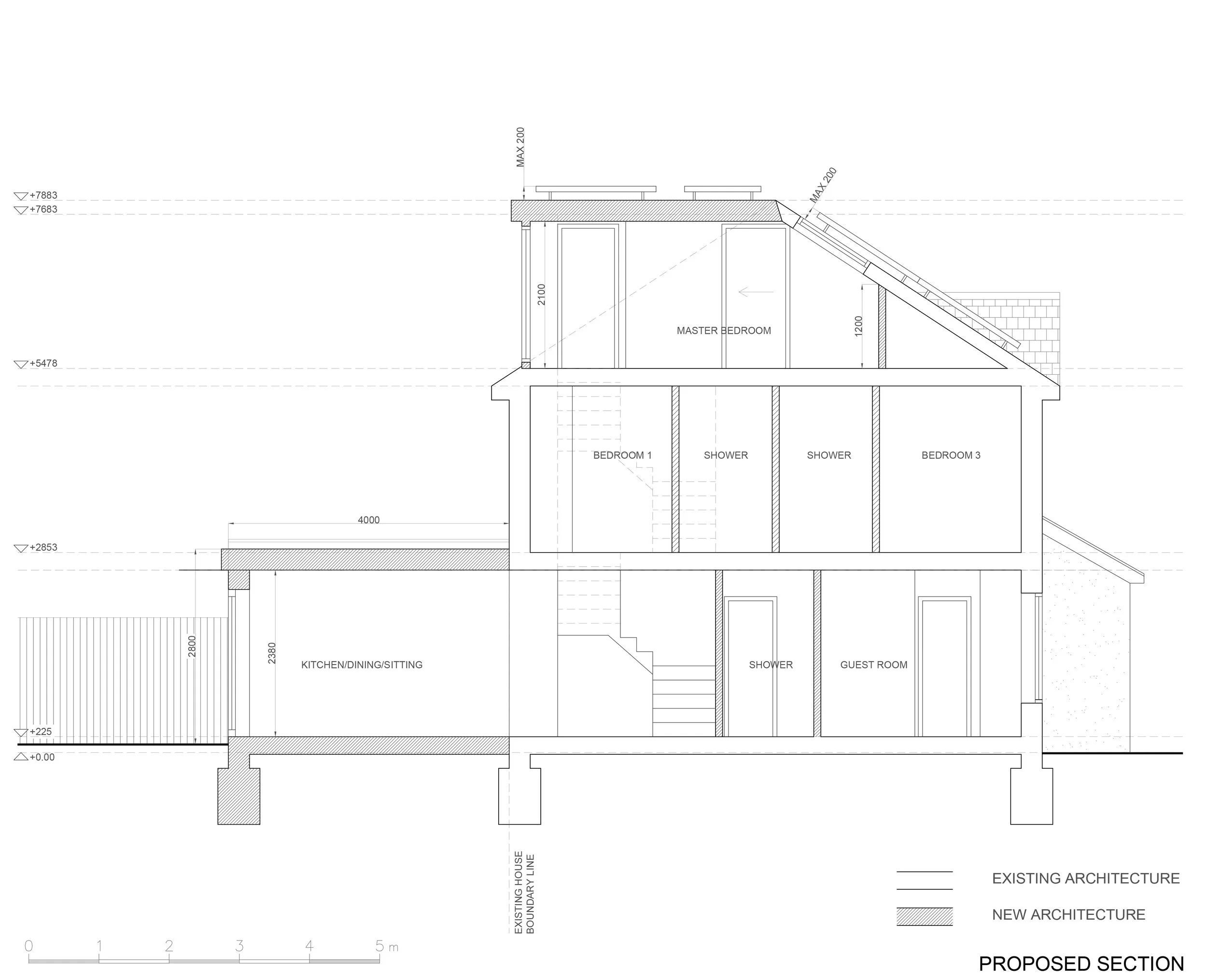 Section through a detached Kingston house by Atelier AṅK, showing floors, open-plan kitchen/living, lit stairwell, side and rear extensions, and loft with Juliet balcony.