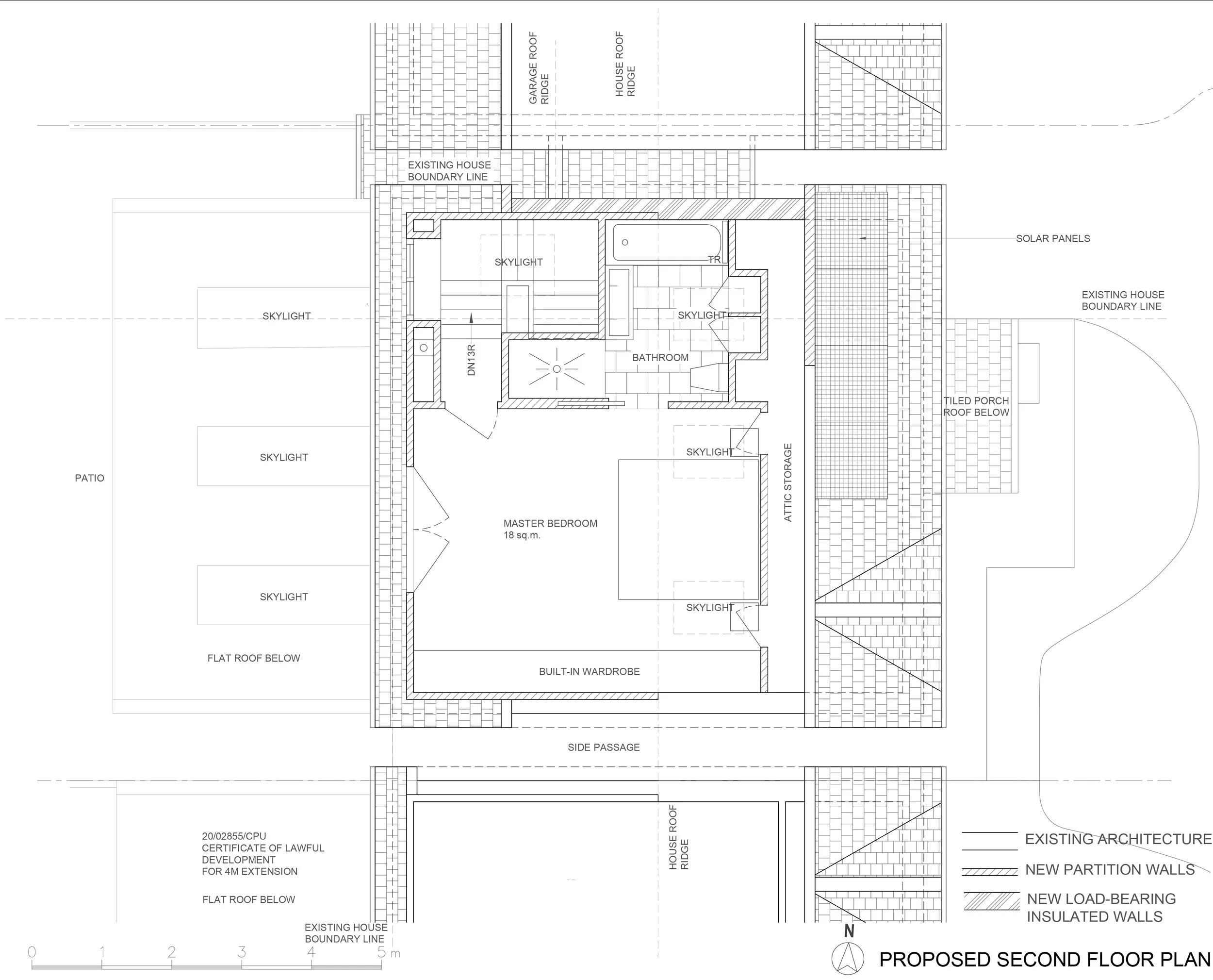 Proposed loft plan of a detached Kingston house by Atelier AṅK, showing a large master bedroom with spacious en-suite bathroom and a Juliet balcony