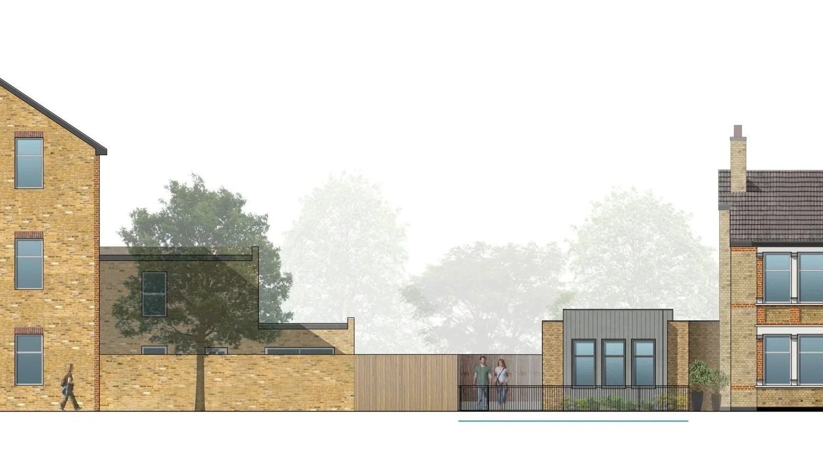 Proposed single storey two bedroom infill house with open plan living and aluminium clad front facade
