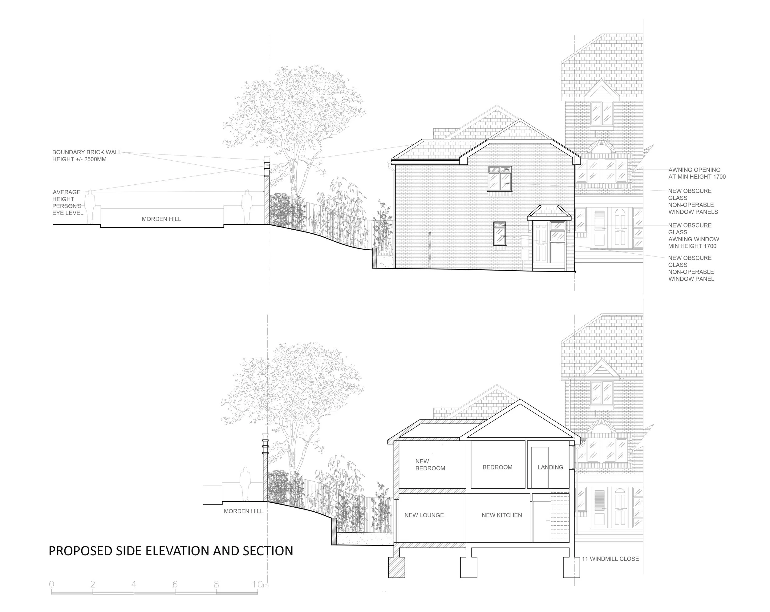 Side elevation and section of a double storey rear extension in Lewisham, London within the Blackheath conservation area.