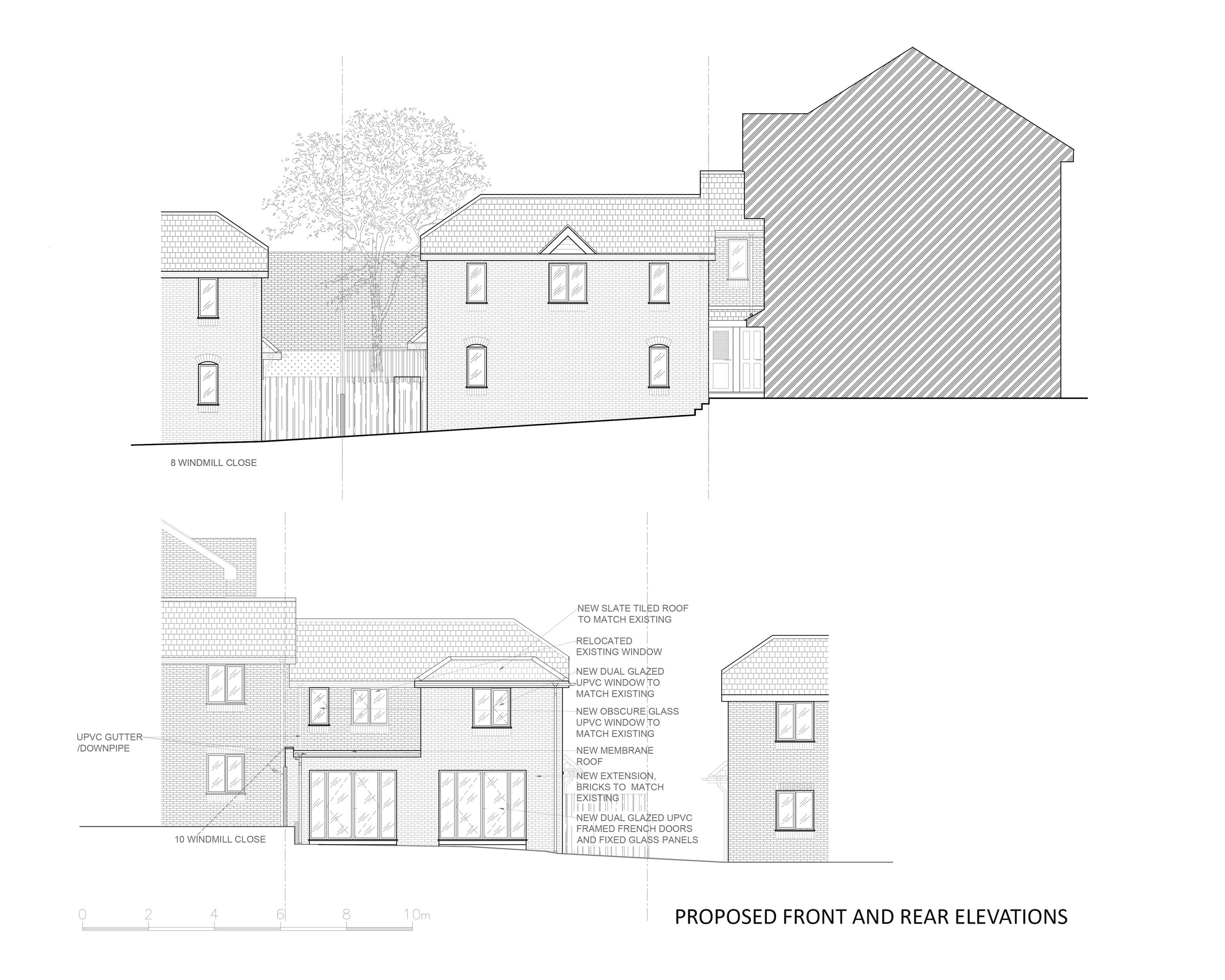front and rear elevatios of a double storey rear extension in Lewisham, London within the Blackheath conservation area.