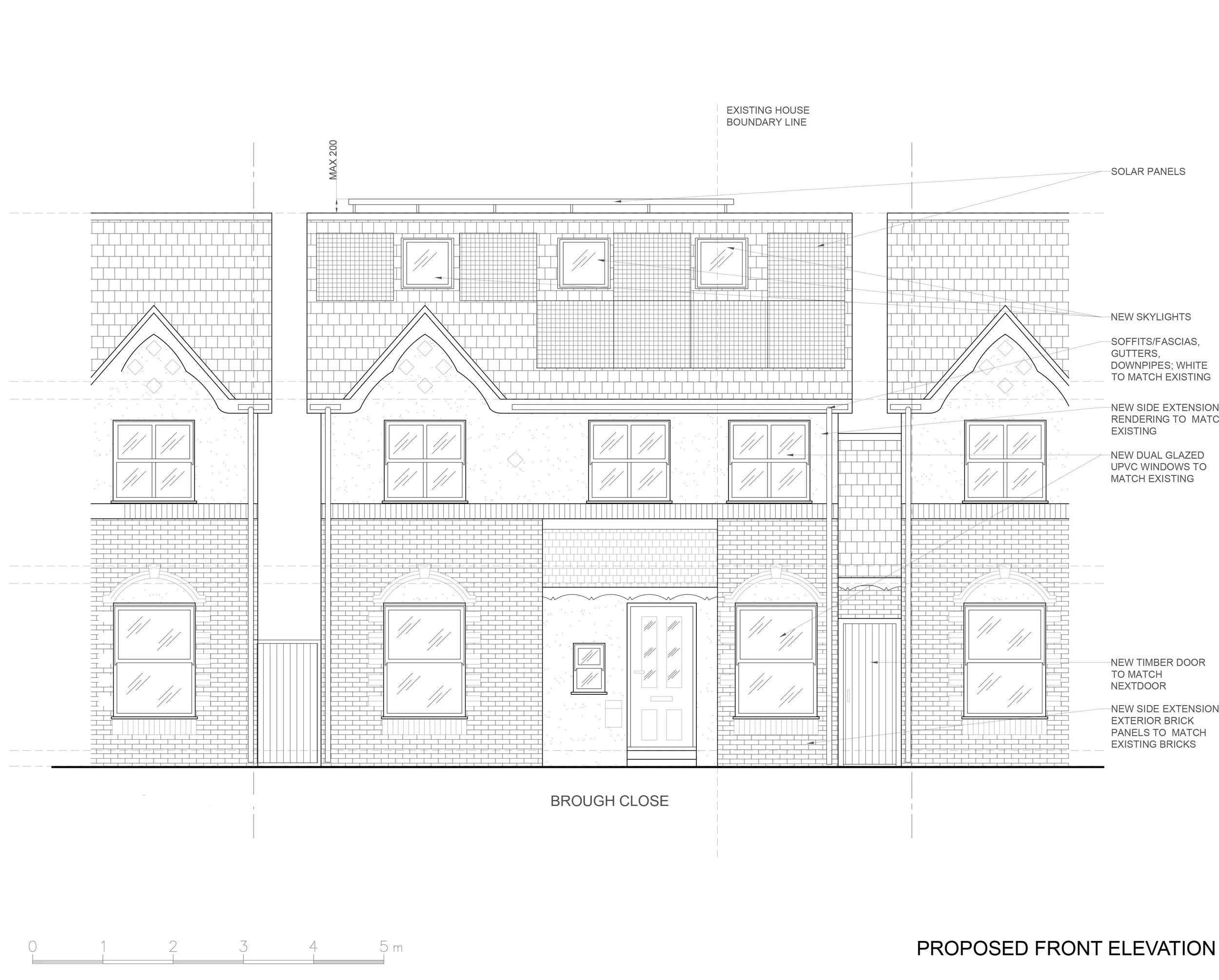 Front elevation of a detached Kingston house by Atelier AṅK, showing the existing façade with windows and entrance, and the new two-storey side extension integrated into the roofline and overall design