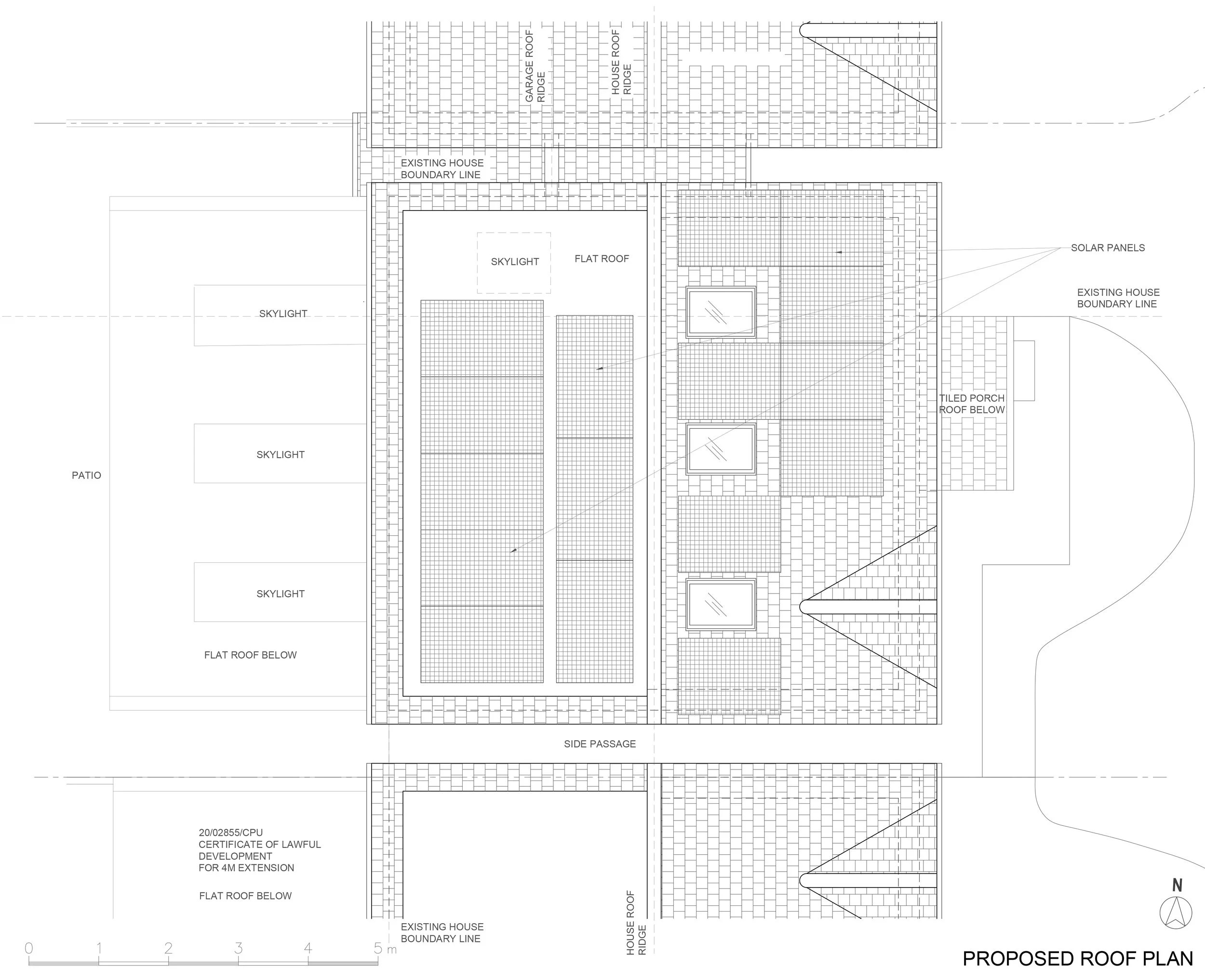 Proposed roof plan of a detached Kingston house by Atelier AṅK, showing roof layout with solar panels installed