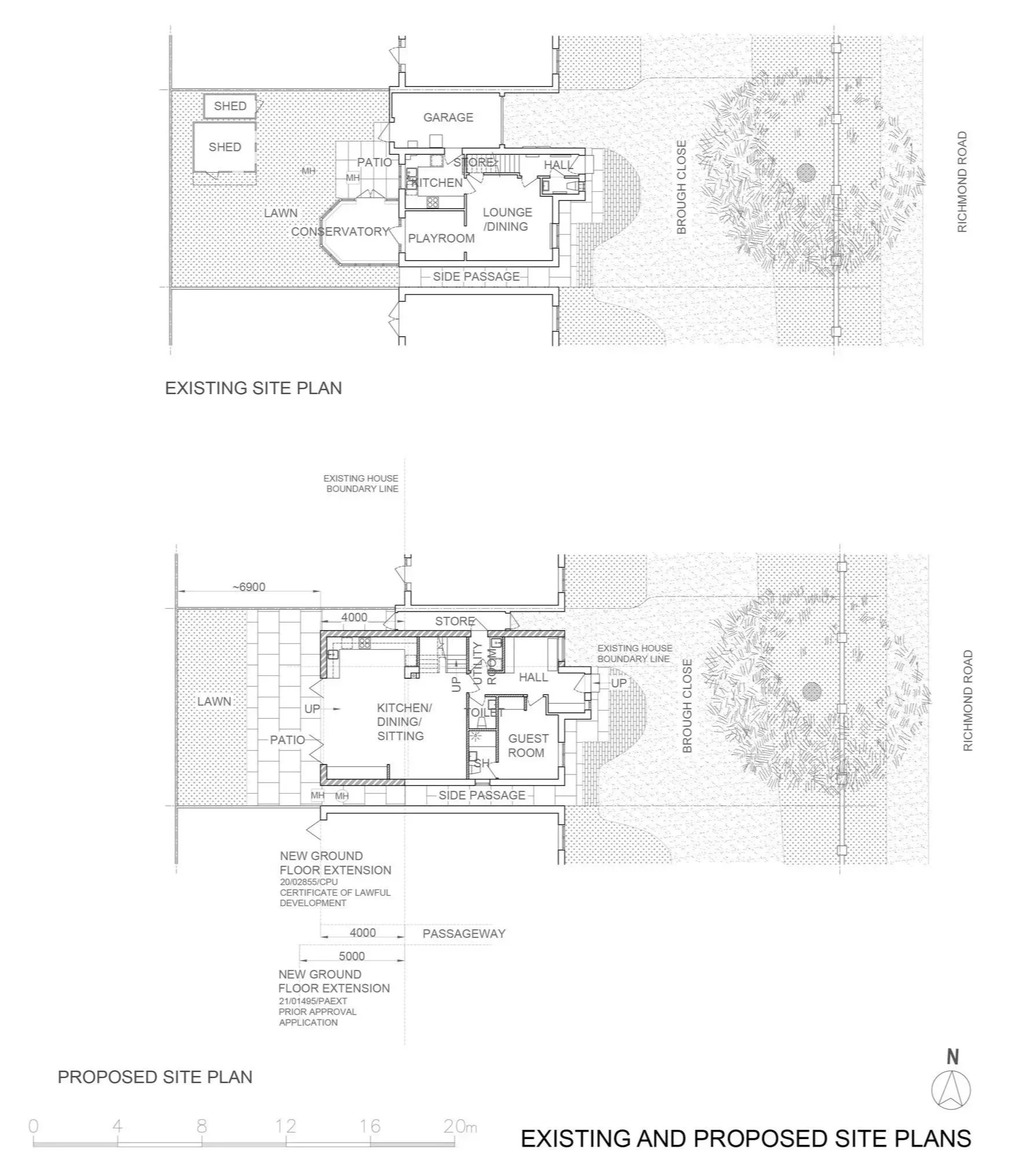 Existing and proposed site plans by Atelier AnK of a detached Kingston house, showing open-plan kitchen/living, fully lit stairwell with windows on each landing and skylight, and large hallway convertible to a utility room