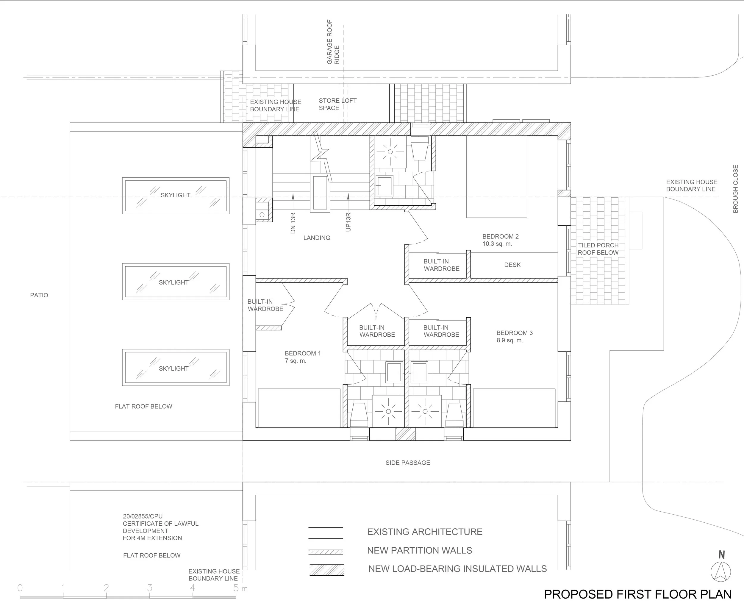 Proposed first floor plan of a detached Kingston house by Atelier AṅK, showing three en-suite bedrooms and a large landing usable as a transitional space and small seating area with bookshelf.