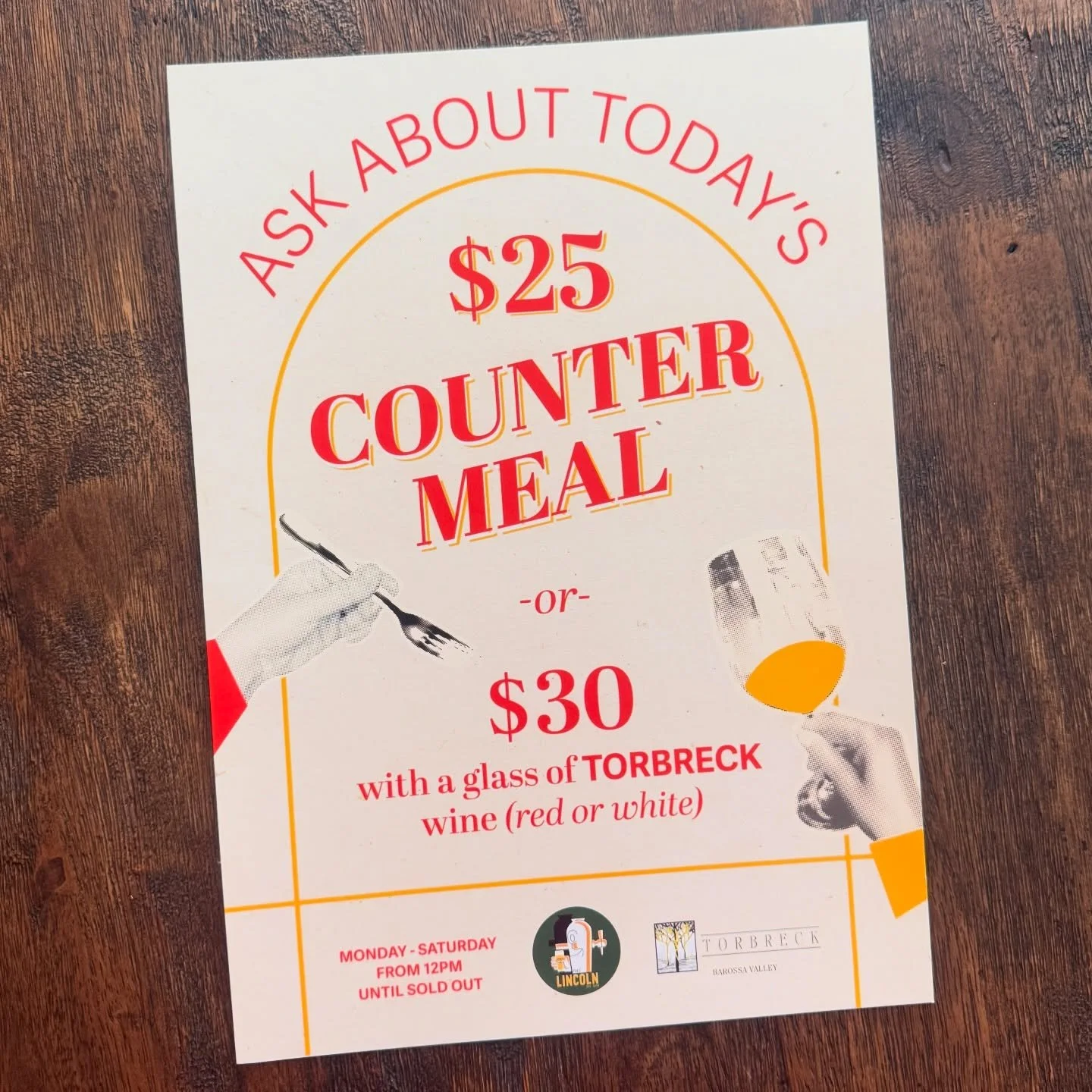 🍽️$25 Counter Meal / Mon-Sat 12pm-sold out
🍷Add a glass of Torbreck wine to make it an even $30

From tender lamb to confit duck, crispy pork belly to juicy steak &amp; chips - the menu changes, but the idea stays the same: proper counter meals don
