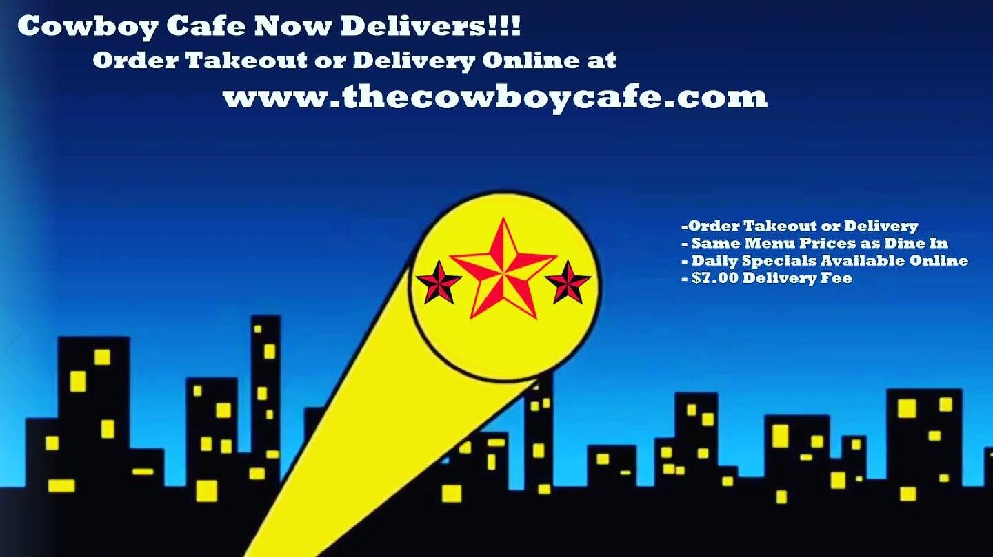 Cowboy Cafe is now offering online ordering for Takeout and Delivery at regular menu prices including daily specials.  Order online on our website at www.thecowboycafe.com or directly at https://www.toasttab.com/cowboy-cafe 🤟🤟🤟🤟🤟👈🍔🍔🍔