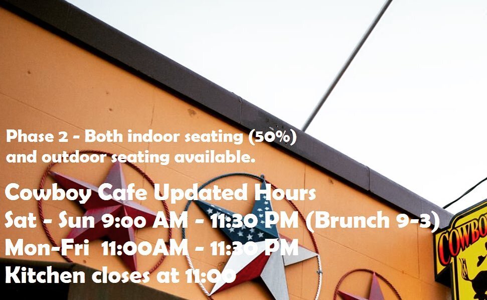 Hey everybody! We are now seating inside for Phase 2 at 50% and will have outdoor seating available as well. Carryout and Delivery will continue to be available.
Please come see us :)
Hours are extending to -
Sat-Sun 9:00 AM - 11:30 PM (Brunch 9-3)
M