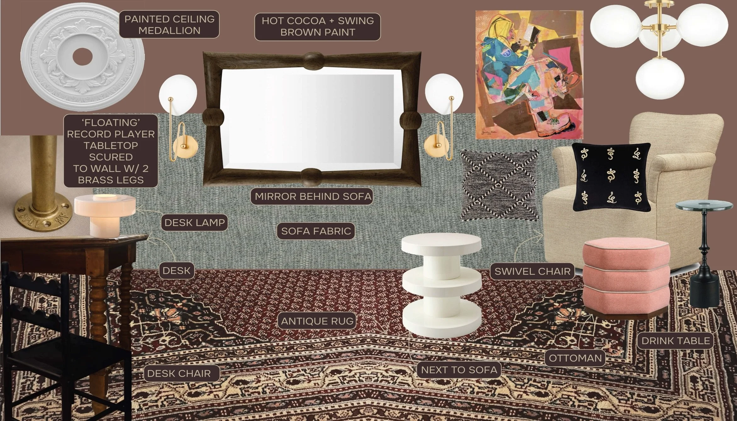 Flex Space // this entire room was designed around an inherited antique rug from the clients mom - custom built-ins going in now, a piece from Detroit artist @jkart100 going up, and an old sofa brought back to life (swipe for the before dark floral w