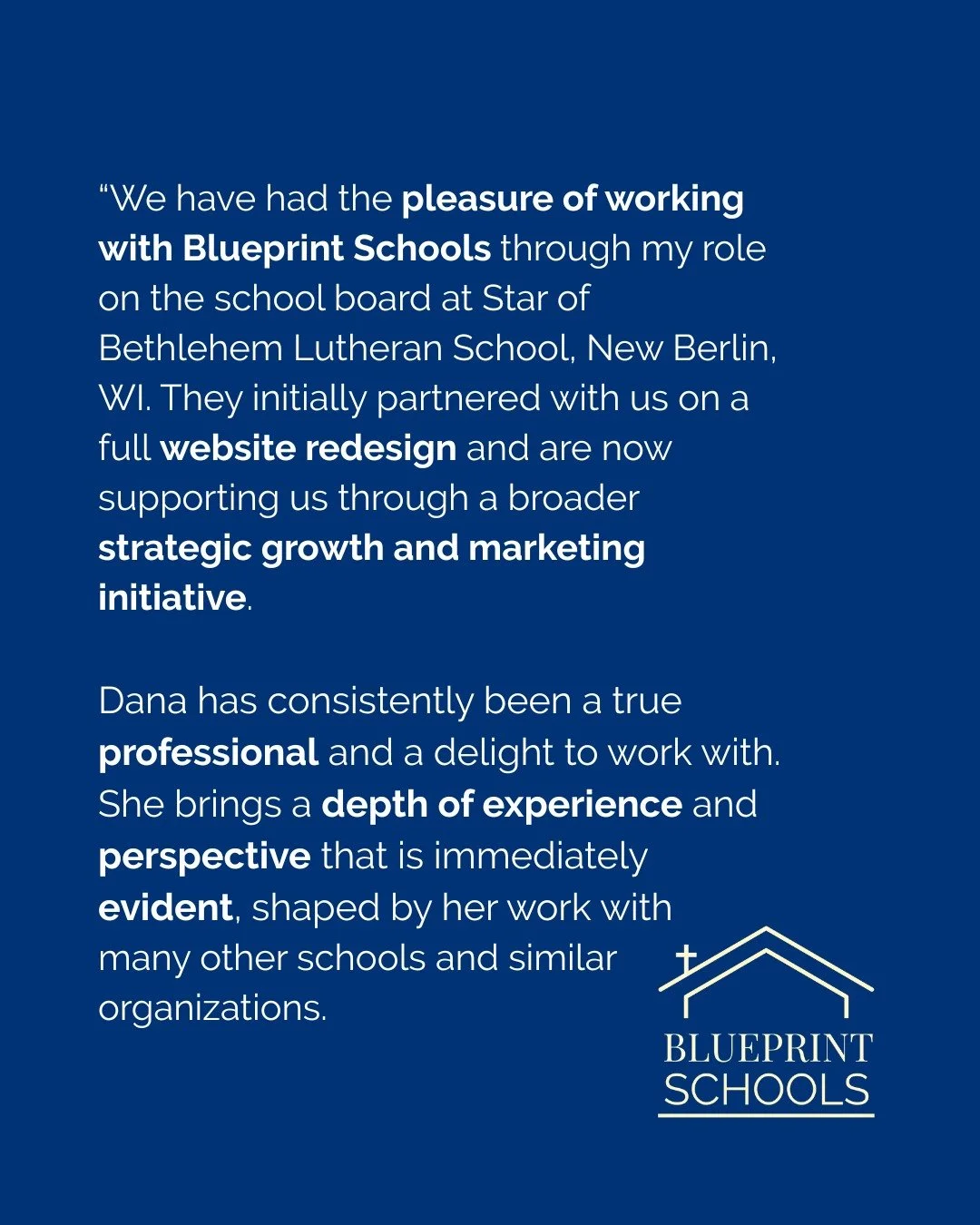 Thank you for such a thoughtful review, Karl! It has been a pleasure working with you and the great team there Star of Bethlehem Lutheran School. We&rsquo;re grateful for your trust in Blueprint Schools and honored to serve as a partner as you seek t