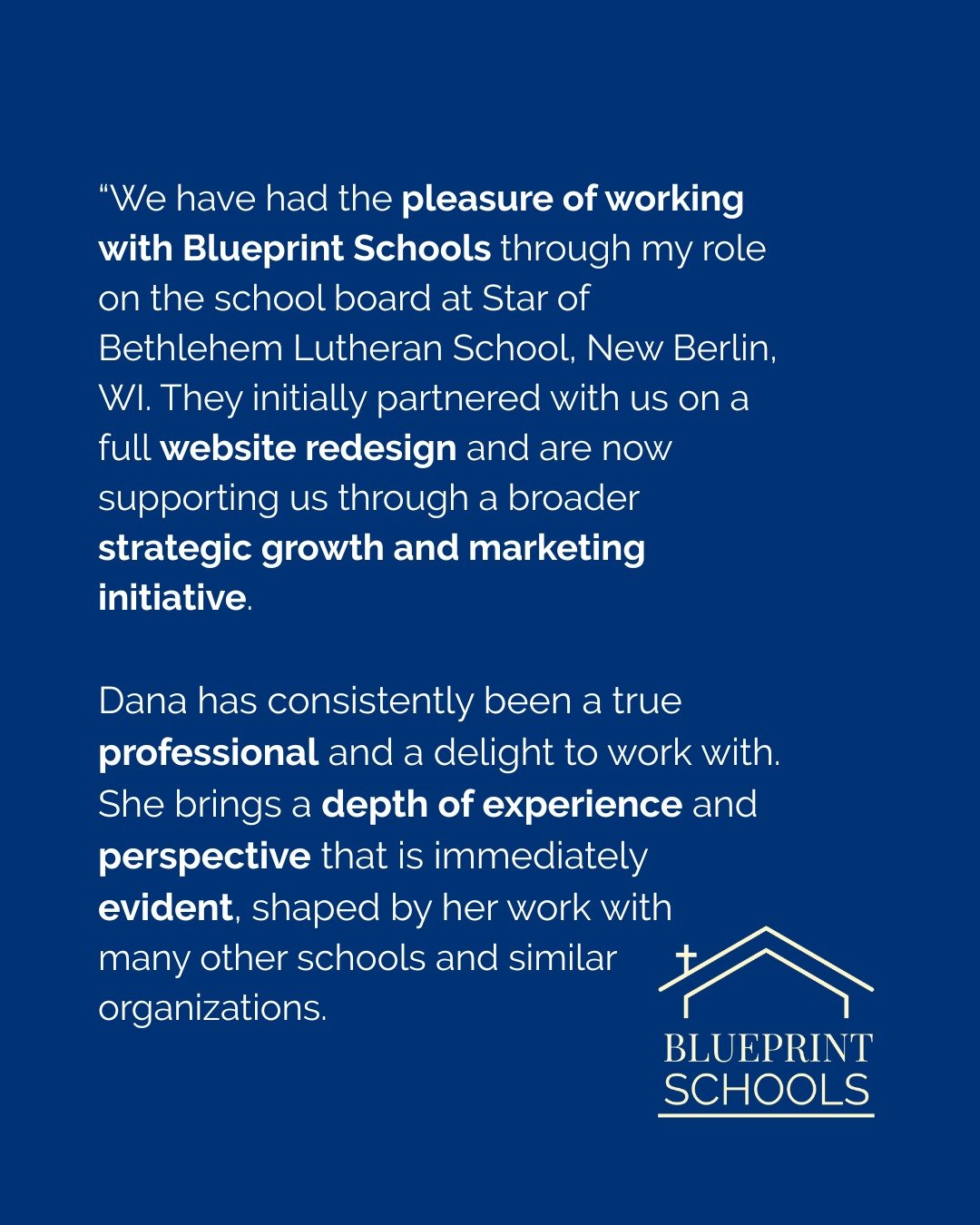 Thank you for such a thoughtful review, Karl! It has been a pleasure working with you and the great team there Star of Bethlehem Lutheran School. We&rsquo;re grateful for your trust in Blueprint Schools and honored to serve as a partner as you seek t
